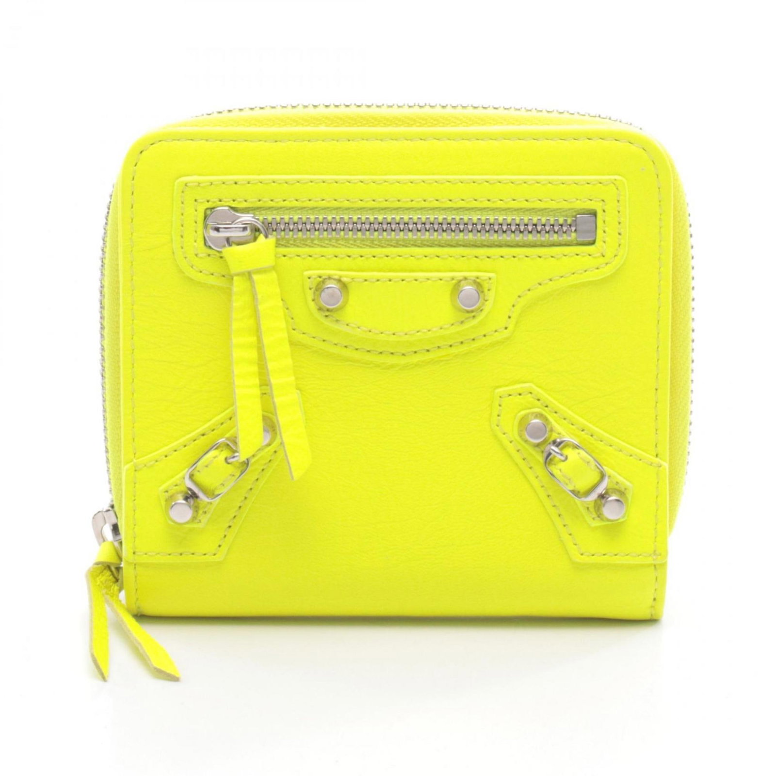 Balenciaga Wallet (Bi-Fold) Leather: Balenciaga Wallet (Bi-Fold) Leather Yellow Balenciaga bi-fold leather wallet with a classic design, featuring a durable and stylish construction. The wallet has some minor scratches and dirt from