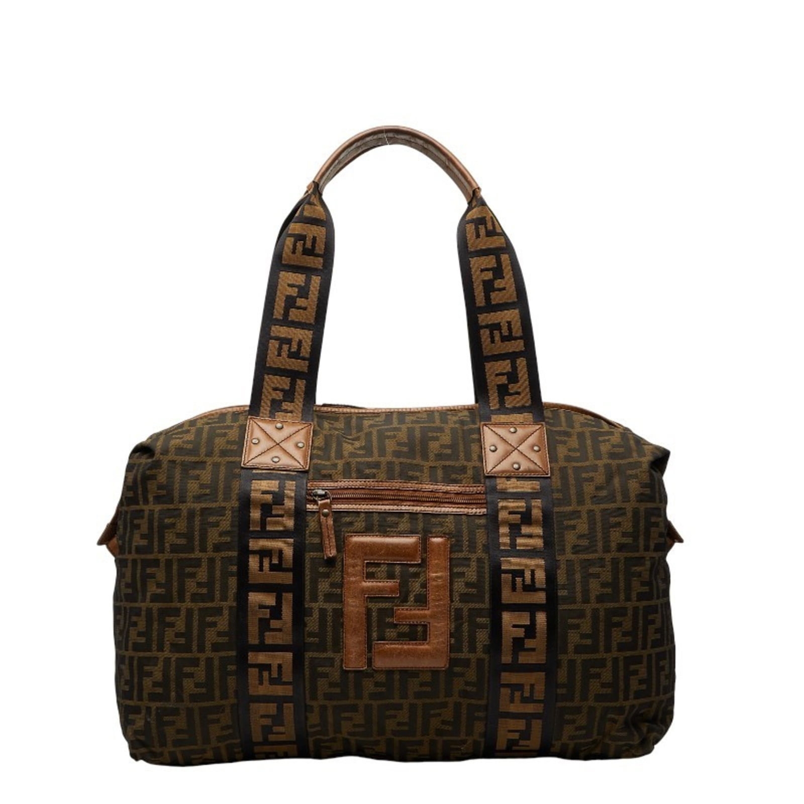 Boston Tote Bag Canvas Leather Fendi Bag: Boston Tote Bag Canvas Leather Fendi Bag Canvas and leather combine in this Fendi Boston tote bag, featuring a classic design with a brown color. The bag has some signs of usage, including scratches