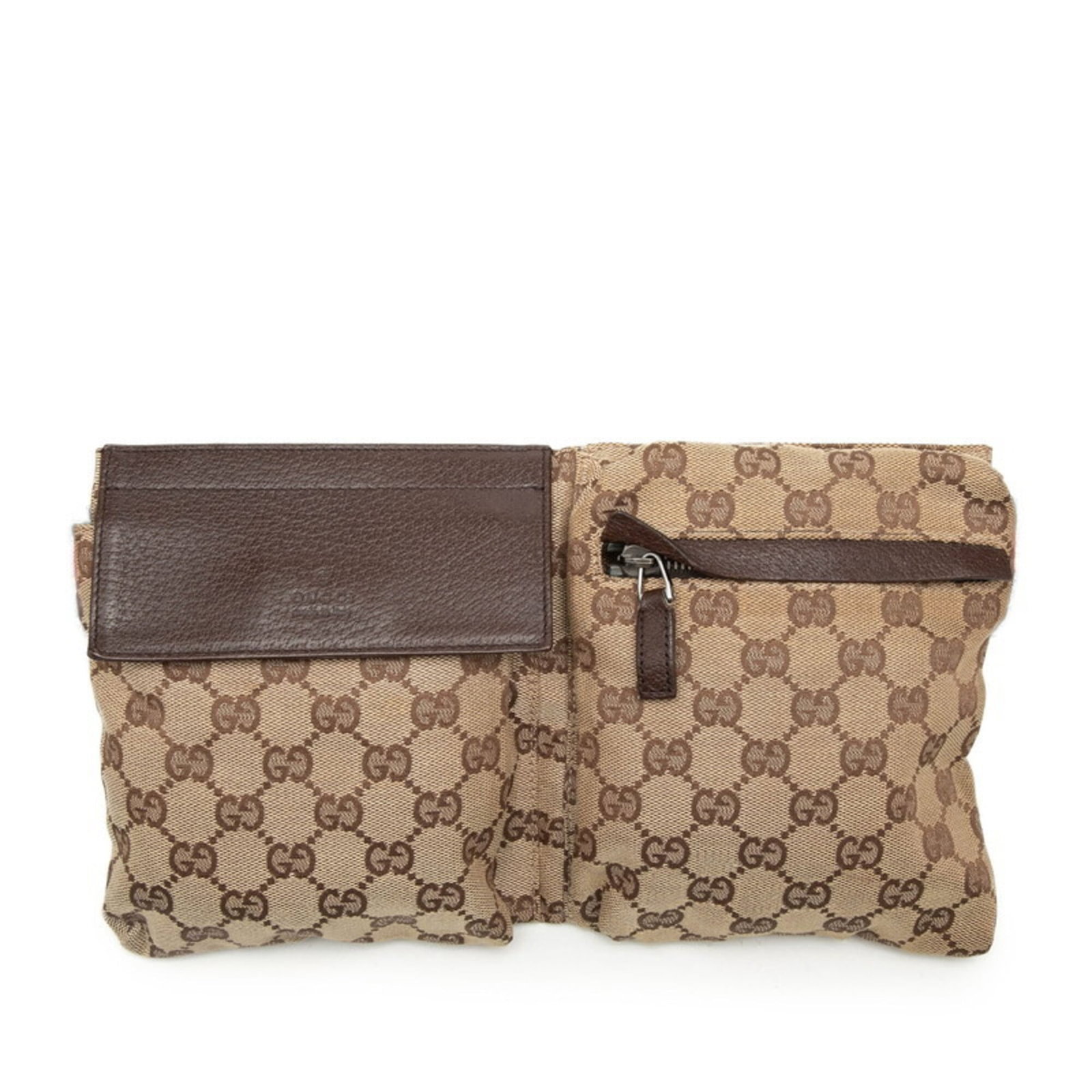 Canvas leather Gucci fanny pack: Canvas leather Gucci fanny pack Canvas leather Gucci fanny pack in beige and brown, featuring a classic design with traces of usage visible. The bag measures 16cm x 28.5cm x 2cm and has scratches and