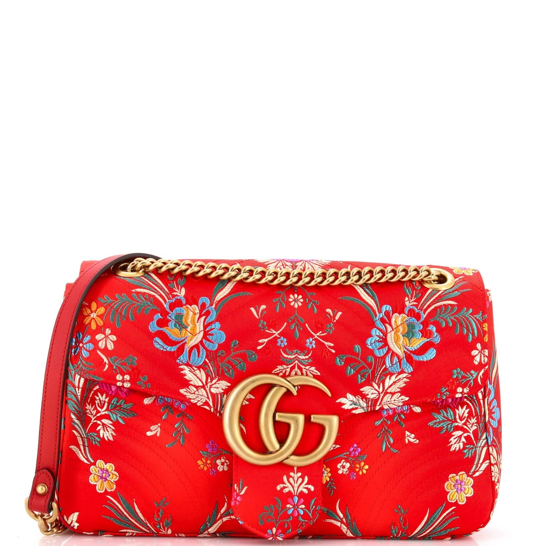 Floral Jacquard Matelasse Medium Bag Marmont Flap Gucci: Floral Jacquard Matelasse Medium Bag Marmont Flap Gucci This stunning Gucci GG Marmont Flap Bag boasts a vibrant red jacquard exterior adorned with intricate floral patterns, perfectly capturing the e