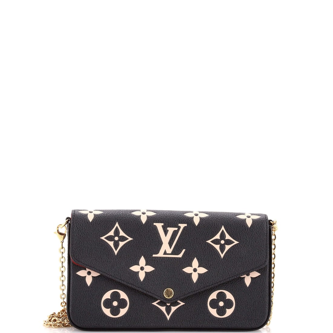 Louis Vuitton Felicie Monogram Giant Pochette Empreinte Bicolor: Louis Vuitton Felicie Monogram Giant Pochette Empreinte Bicolor The Louis Vuitton Felicie Monogram Giant Pochette Empreinte Bicolor boasts its iconic black exterior with a striking bicolor design,