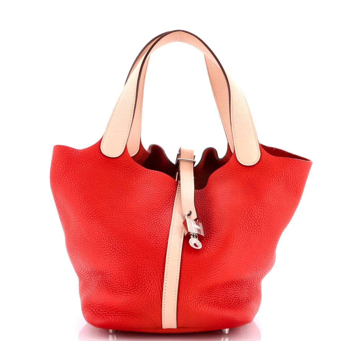 Hermes Bicolor Picotin Lock Bag Clemence with Swift MM: Hermes Bicolor Picotin Lock Bag Clemence with Swift MM The Herm?s Bicolor Picotin Lock Bag Clemence with Swift MM boasts a striking exterior in red, complemented by pink accents. This stylish bucket