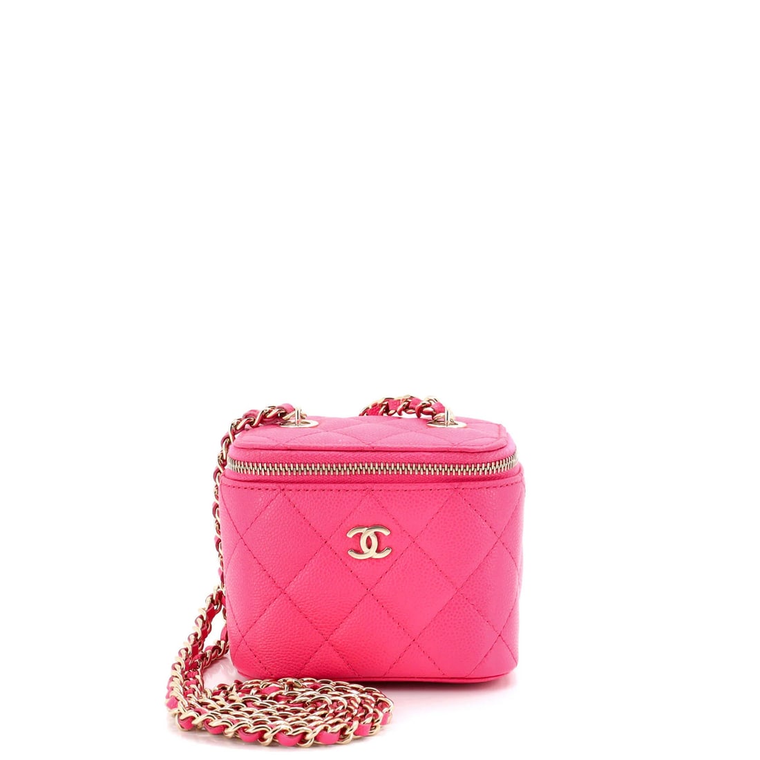 Chanel Classic Quilted Caviar Mini with Chain Vanity Case: Chanel Classic Quilted Caviar Mini with Chain Vanity Case Pink leather exterior, gold tone hardware, and quilted caviar design make this Chanel Classic Quilted Caviar Mini with Chain Vanity Case a