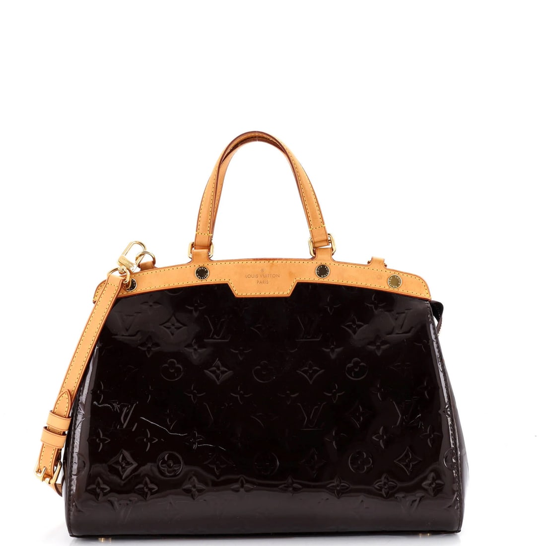 Louis Vuitton Brea Monogram Vernis GM: Louis Vuitton Brea Monogram Vernis GM Burgundy patent leather exterior, adorned with the iconic Louis Vuitton Monogram Vernis GM pattern, adds a touch of sophistication to this stylish tote. With its