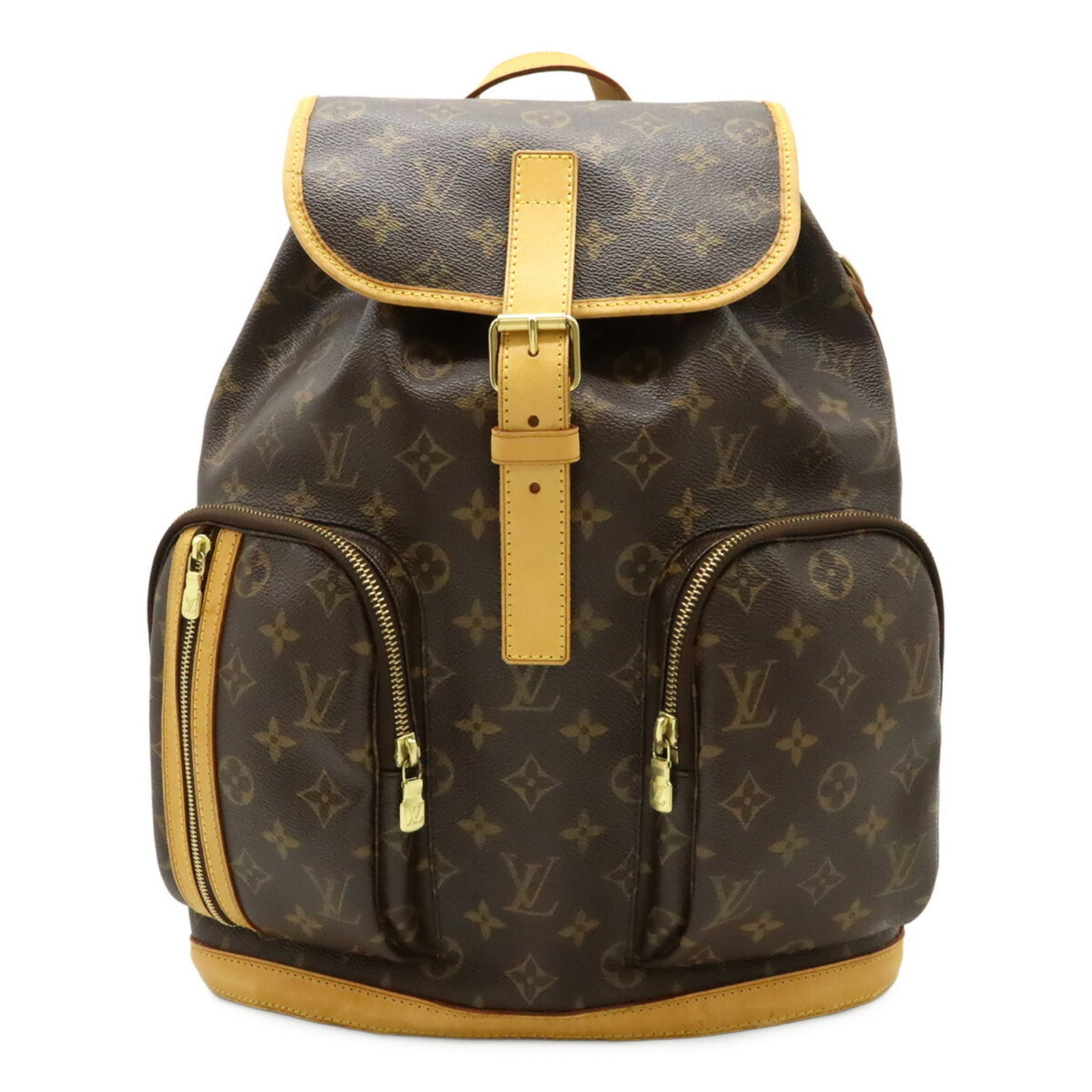 Shoulder Backpack Bag Monogram Louis Vuitton: Shoulder Backpack Bag Monogram Louis Vuitton Brown Monogram Louis Vuitton Shoulder Backpack Bag with Belt Closure and Zipper Pocket, featuring the iconic monogram pattern. This used backpack measures