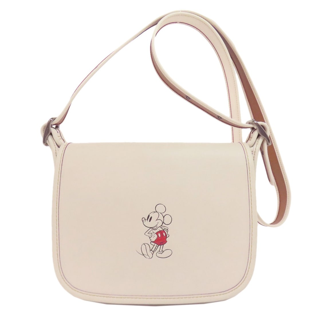 Mouse Mickey Leather Bag Shoulder F59359 Coach: Mouse Mickey Leather Bag Shoulder F59359 Coach White leather shoulder bag with a classic design, featuring Mickey Mouse embroidery. This iconic Coach bag is made from high-quality leather and boasts