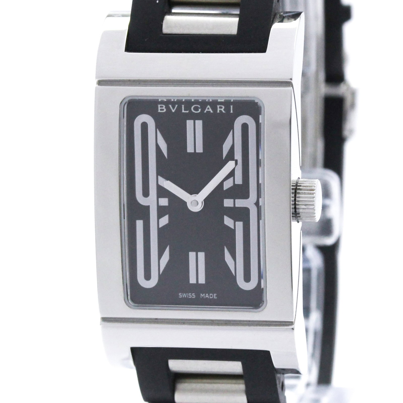 Bvlgari Wristwatch: Bvlgari Wristwatch Stainless steel case and rubber band add a sleek touch to this black Bvlgari wristwatch, featuring a classic dress style that's perfect for formal occasions. The watch boasts a