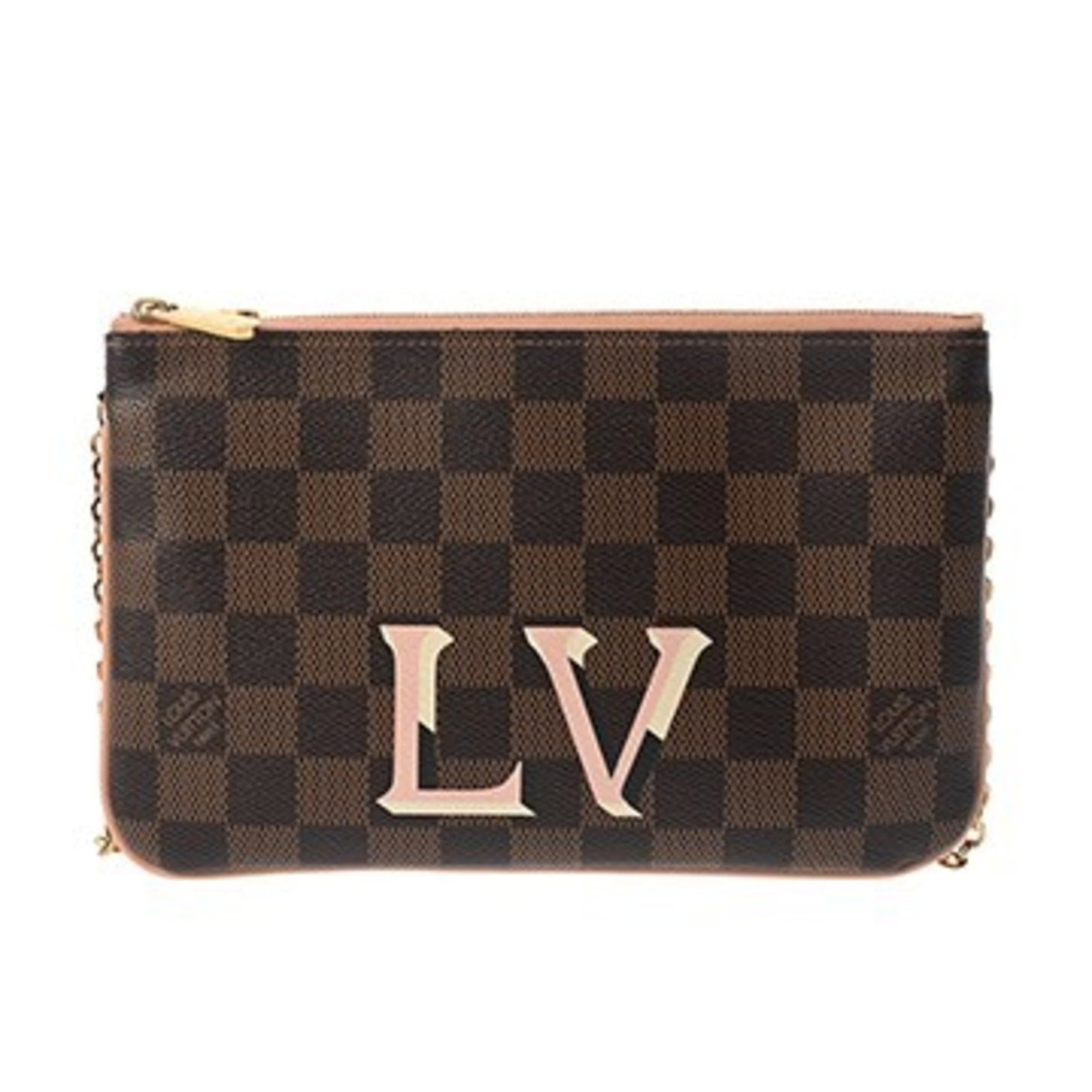 Canvas Damier Pochette Bag Vuitton Louis: Canvas Damier Pochette Bag Vuitton Louis Damier canvas pattern adds visual interest to this Louis Vuitton pochette bag, featuring brown and pink tones. The gold hardware adds a touch of luxury to the 