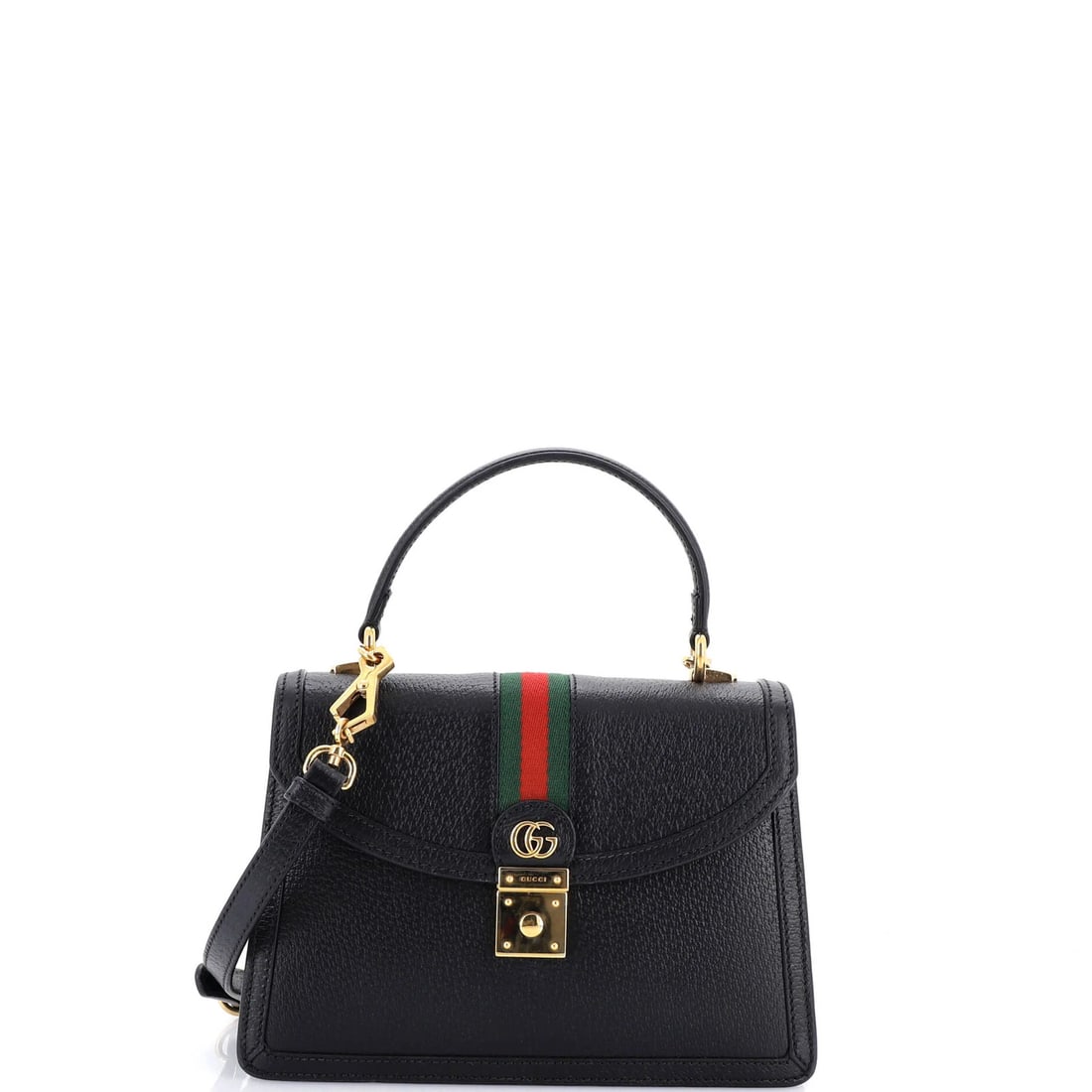 Ophidia flap top handle bag leather small Gucci: Ophidia flap top handle bag leather small Gucci Small Ophidia Flap Top Handle Bag in Black Leather. This Gucci bag features a classic top handle design with minor scuffs and edge wear, and a neutral