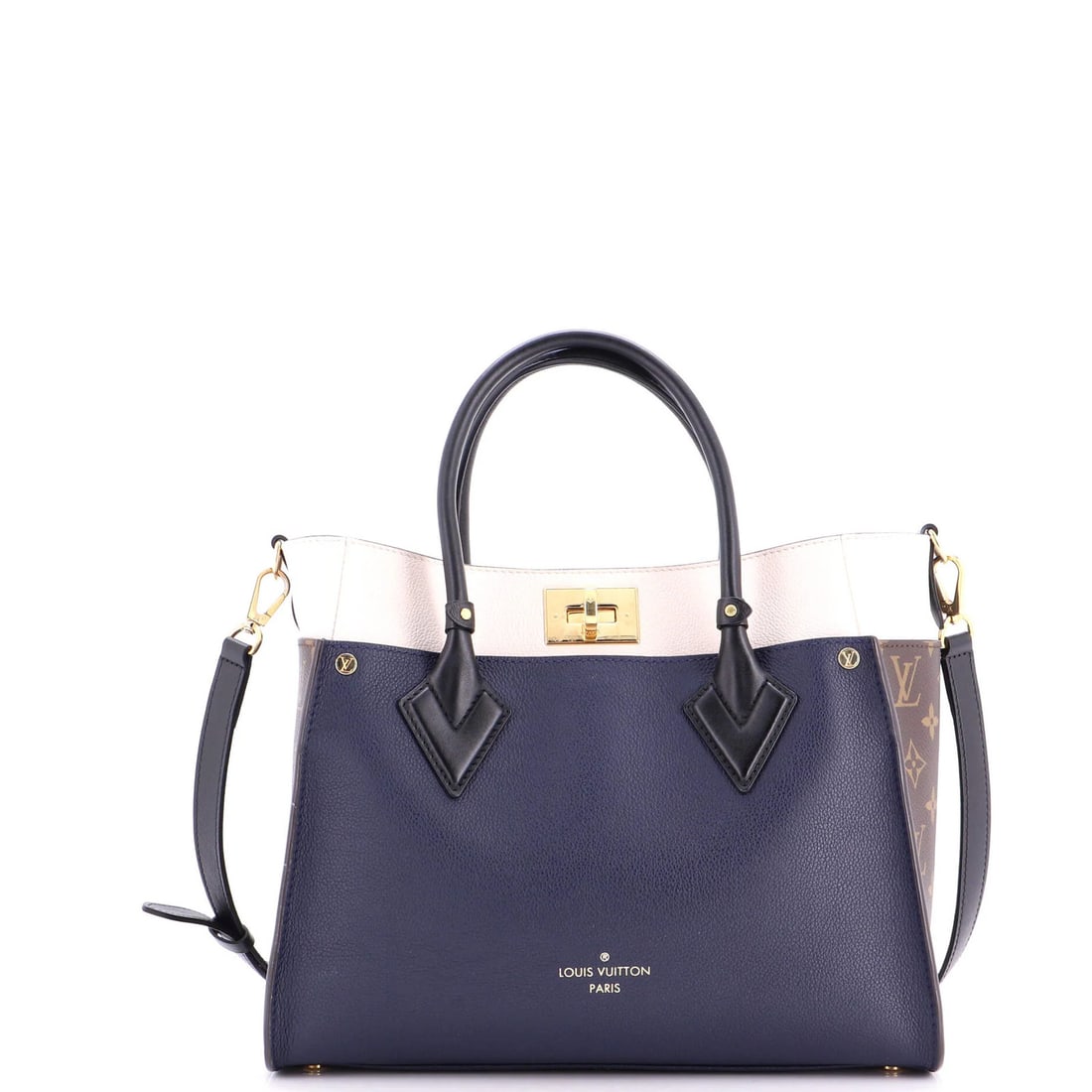 Side with monogram leather tote MM Louis Vuitton: Side with monogram leather tote MM Louis Vuitton Canvas Coated Leather Louis Vuitton MM Monogram Side Tote with Gold Hardware. This stylish tote features the iconic MM monogram design in a neutral