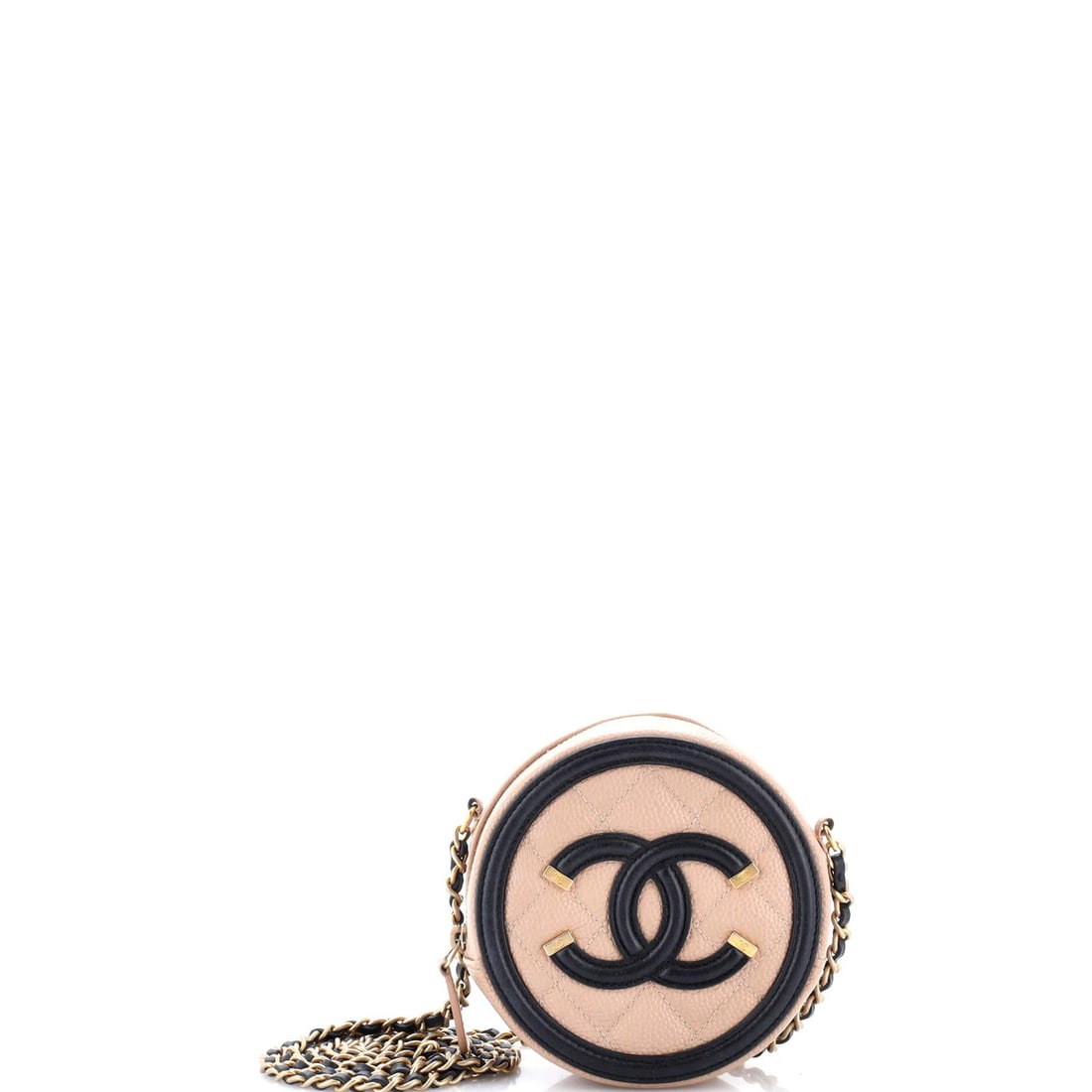 Caviar Mini Quilted Chain round Filigree clutch: Caviar Mini Quilted Chain round Filigree clutch The Caviar Mini Quilted Chain round Filigree clutch boasts a sleek, neutral exterior with minor scuffs and creases adding to its understated charm. This