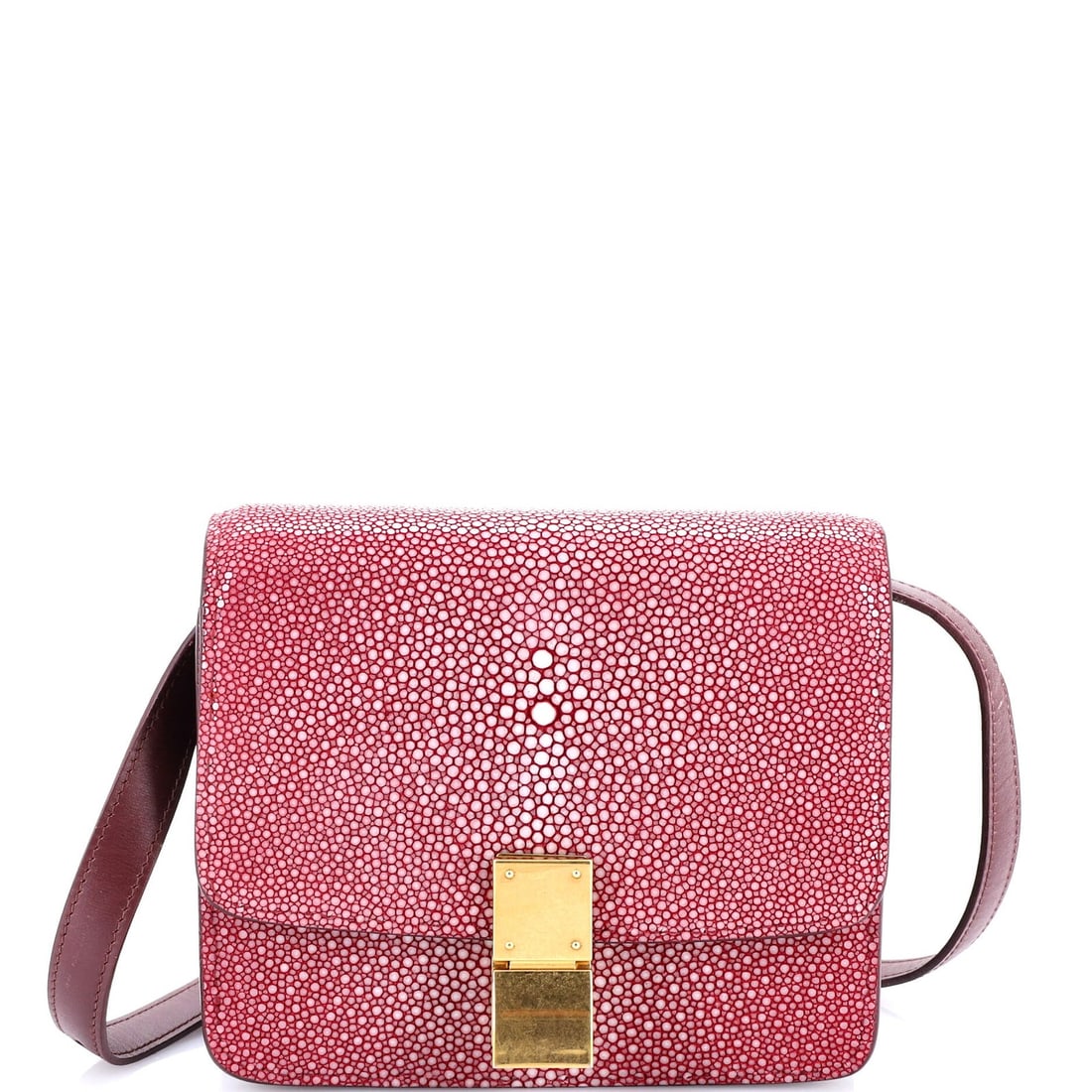 Celine stingray small classic box bag: Celine stingray small classic box bag Stingray skin adds an exotic touch to this Celine Classic Box Bag, with its bold red exterior and gold hardware. Measuring 5.5" tall, 6.5" wide, and 2" deep, the
