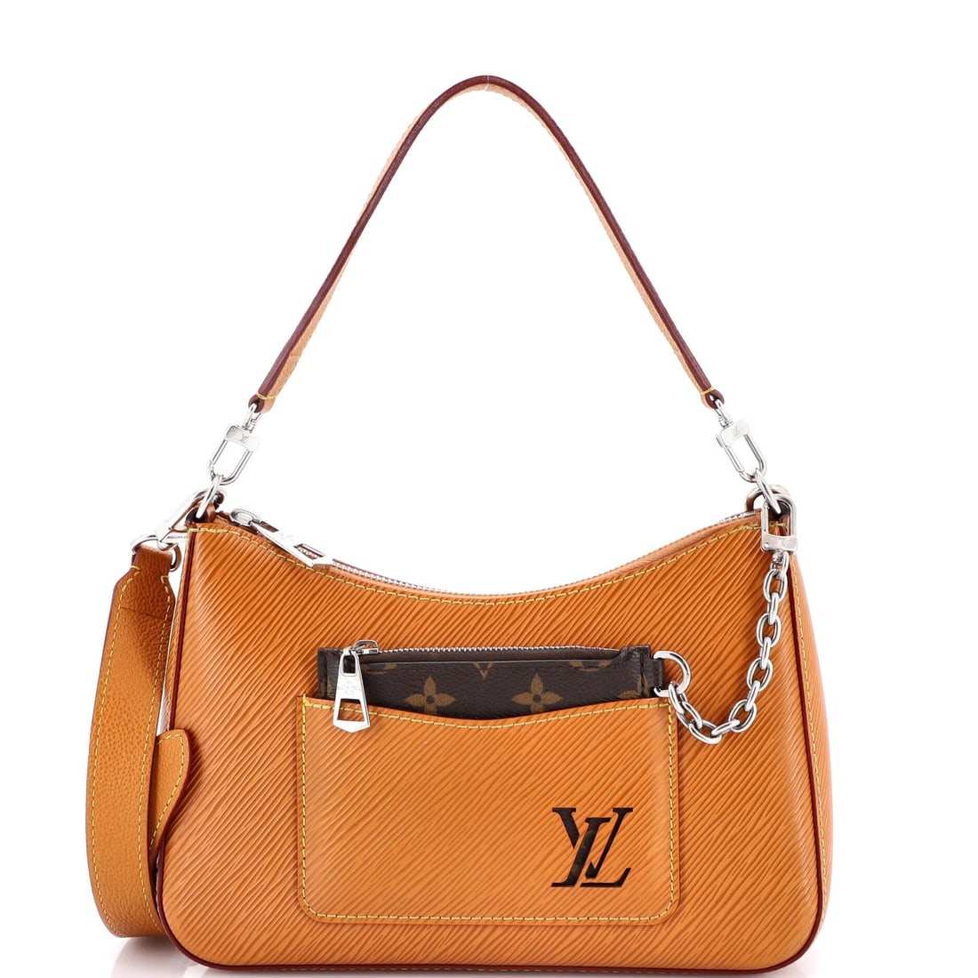 Epi Leather Louis Vuitton Marelle Handbag: Epi Leather Louis Vuitton Marelle Handbag The Epi Leather Louis Vuitton Marelle Handbag boasts a rich, brown exterior with subtle creases and scuffs, giving it a worn-in look. Measuring 7.5" in