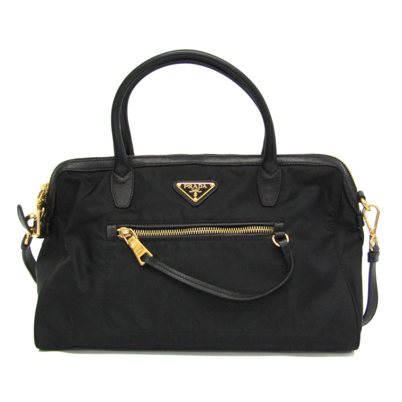 Nylon leather shoulder bag handbag: Nylon leather shoulder bag handbag Nylon leather shoulder bag with gold hardware and adjustable strap, featuring two zipper pockets for organization. The black bag has a sleek design and measures