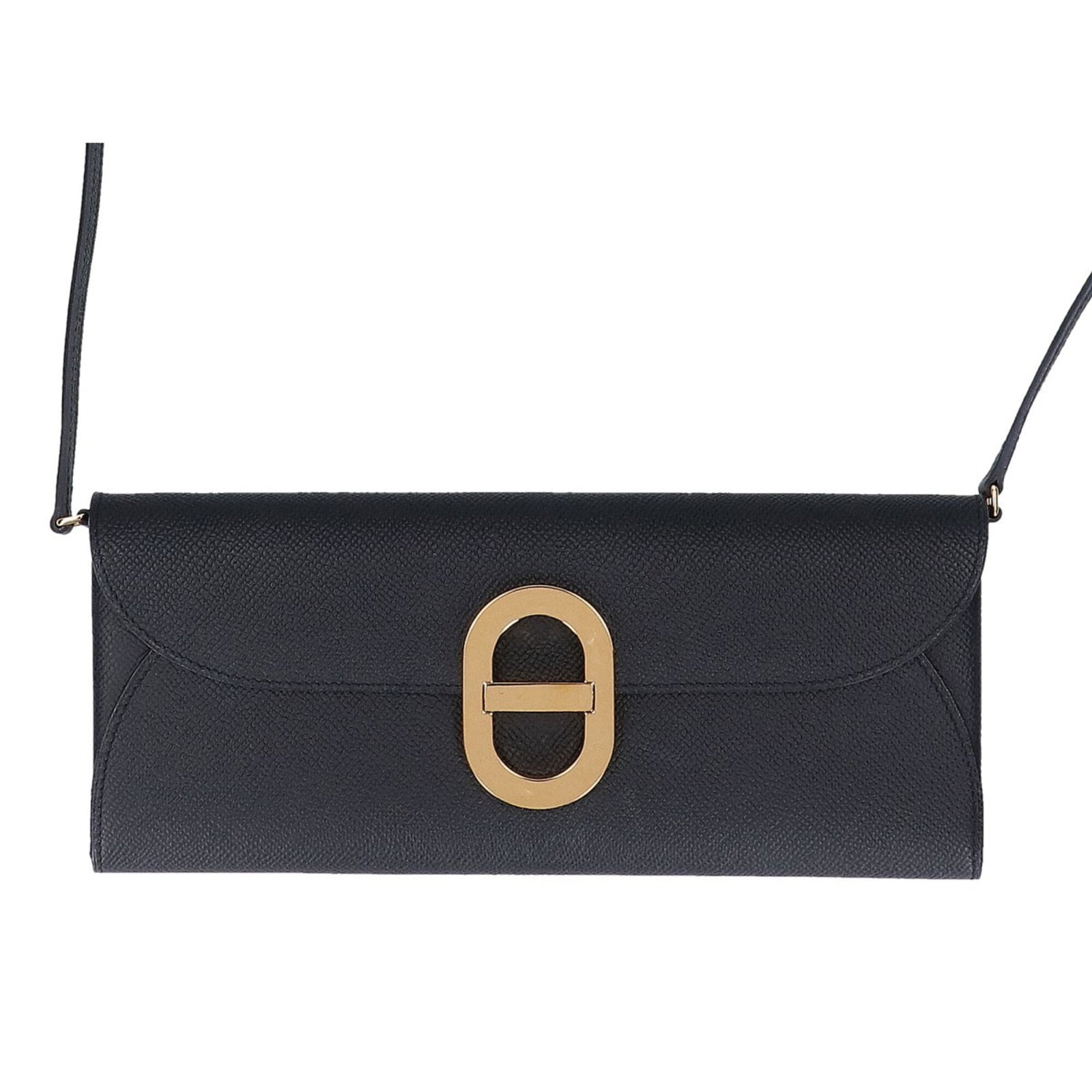 Epsom leather shoulder bag by Hermes: Epsom leather shoulder bag by Hermes Epsom leather shoulder bag by Hermes, available in black with gold hardware. This like new, mint condition bag measures 10.5cm x 23.5cm x 3cm and features Epsom