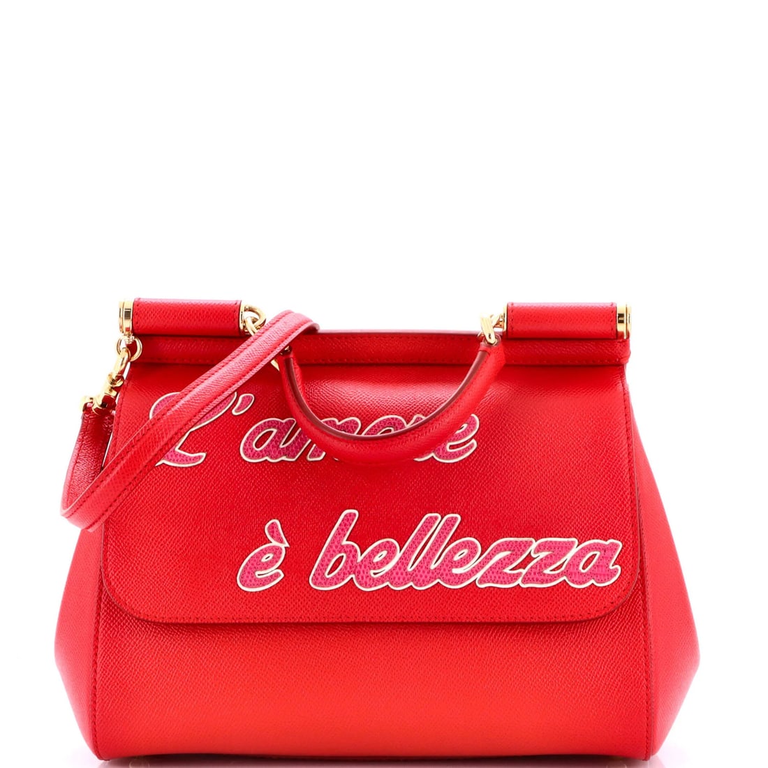 Sicily bag leather printed medium Dolce Gabbana: Sicily bag leather printed medium Dolce Gabbana Red leather bag with printed design, measuring 7.5" high and 10" wide, features a gold-toned strap drop of 20-23". The exterior shows minor creases,