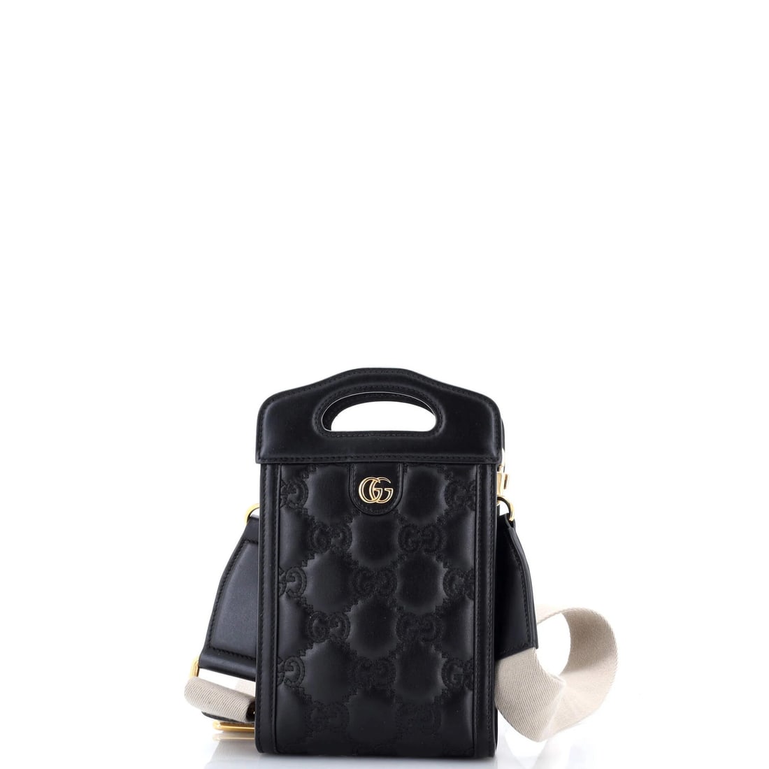 Gucci GG Matelasse Leather Mini Top Handle Crossbody Bag: Gucci GG Matelasse Leather Mini Top Handle Crossbody Bag Black Gucci GG Matelasse Leather Mini Top Handle Crossbody Bag, featuring top handle design and minor scuffs on exterior. With neutral