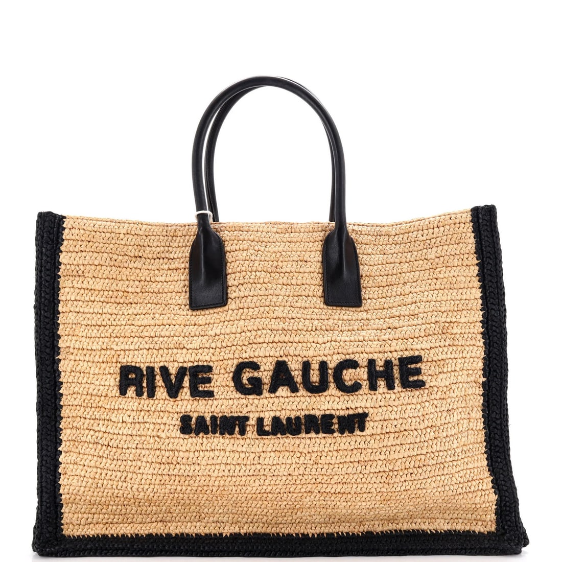 Saint Laurent Raffia Rive Gauche Maxi Shopper Tote: Saint Laurent Raffia Rive Gauche Maxi Shopper Tote The Saint Laurent Raffia Rive Gauche Maxi Shopper Tote boasts a unique multicolor exterior with raffia and leather accents, adding an eclectic touch