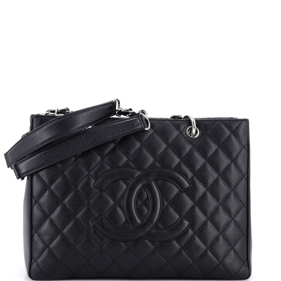 Chanel Quilted Caviar Tote Vintage Shopping: Chanel Quilted Caviar Tote Vintage Shopping Black leather quilted caviar exterior, scuffed and worn from years of use, adds a touch of vintage charm to this classic Chanel Grand Shopping Tote. The