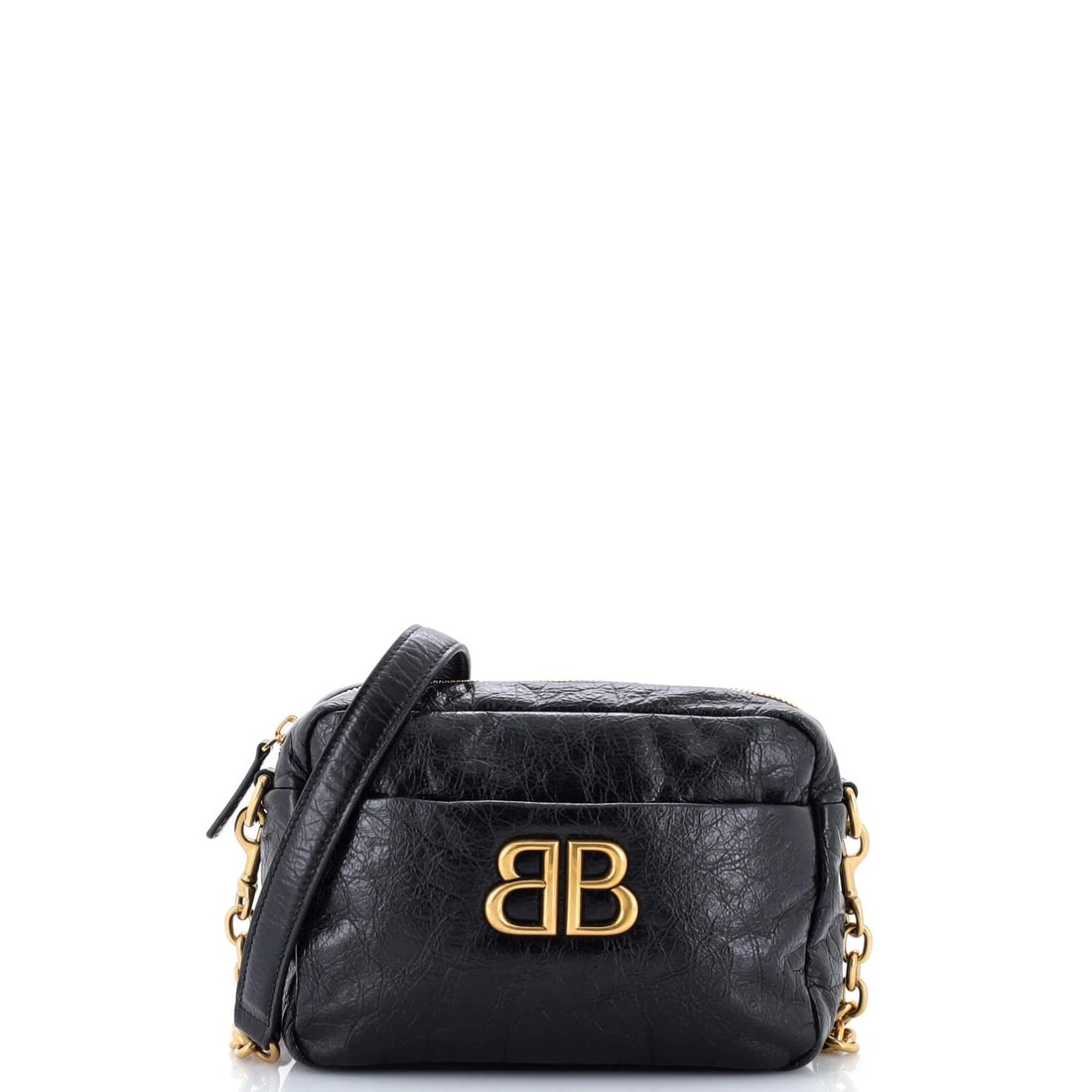 XS Leather Camera Monaco Bag Balenciaga: XS Leather Camera Monaco Bag Balenciaga Black leather XS Monaco Camera Bag from Balenciaga, featuring a cross body design with minor scuffs and creases on the exterior, and interior discoloration. The