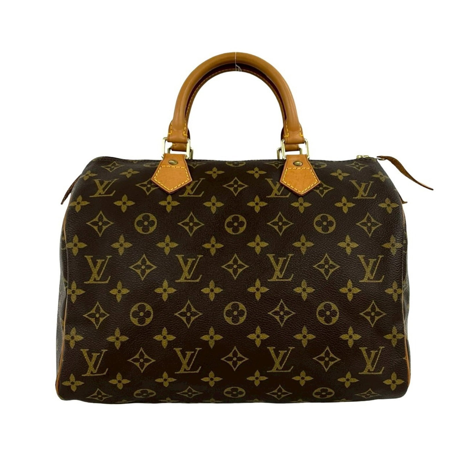 Louis Vuitton Boston Bag Handbag Leather: Louis Vuitton Boston Bag Handbag Leather Brown leather Louis Vuitton Boston Bag, with traces of usage and minor scratches visible. The bag measures 23.5cm x 30cm x 17.5cm and features the classic desi