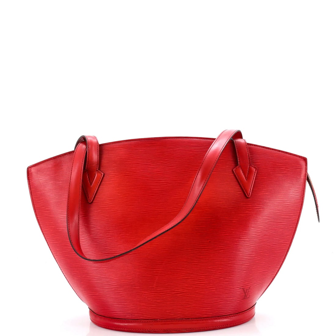 Saint Jacques Handbag Louis Vuitton Epi Leather: Saint Jacques Handbag Louis Vuitton Epi Leather Red Saint Jacques Handbag in Epi Leather features a bold exterior color and gold hardware, with heavy edge wear, scuffs, stains, minor creases, and mino
