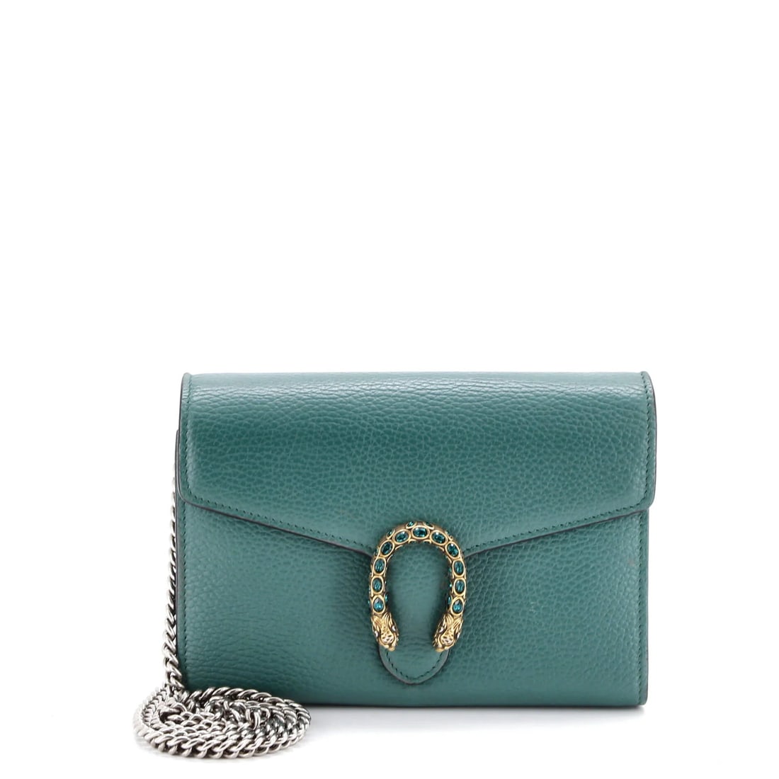 Small leather chain wallet embellished with Gucci Dionysus detail: Small leather chain wallet embellished with Gucci Dionysus detail Small leather chain wallet with an embellished Gucci Dionysus detail, adding a touch of luxury to everyday essentials. The green