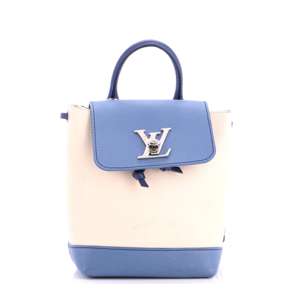 Backpack Leather Mini Lockme Vuitton Louis: Backpack Leather Mini Lockme Vuitton Louis Heavy corner wear, scuffs, and minor creases adorn the exterior of this Louis Vuitton Lockme Backpack Leather Mini. The blue, multicolor, and neutral hues