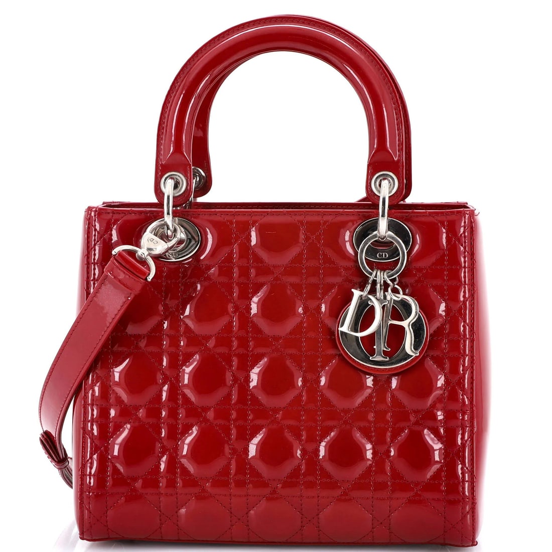 Christian Dior Lady Dior Bag Cannage Quilt Patent Medium: Christian Dior Lady Dior Bag Cannage Quilt Patent Medium Red patent leather exterior, silver hardware, and a classic top handle make this Christian Dior Lady Dior Bag Cannage Quilt Patent Medium a