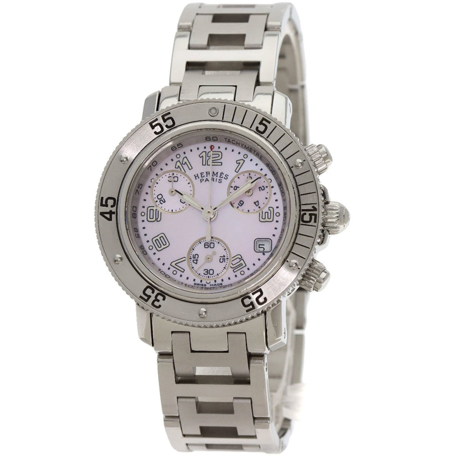 Wristwatch by Hermes: Wristwatch by Hermes Stainless steel case and band, pink shell dial, and a classic 33mm diameter make this Hermes wristwatch a timeless piece. The watch has some minor scratches and dirt but remains