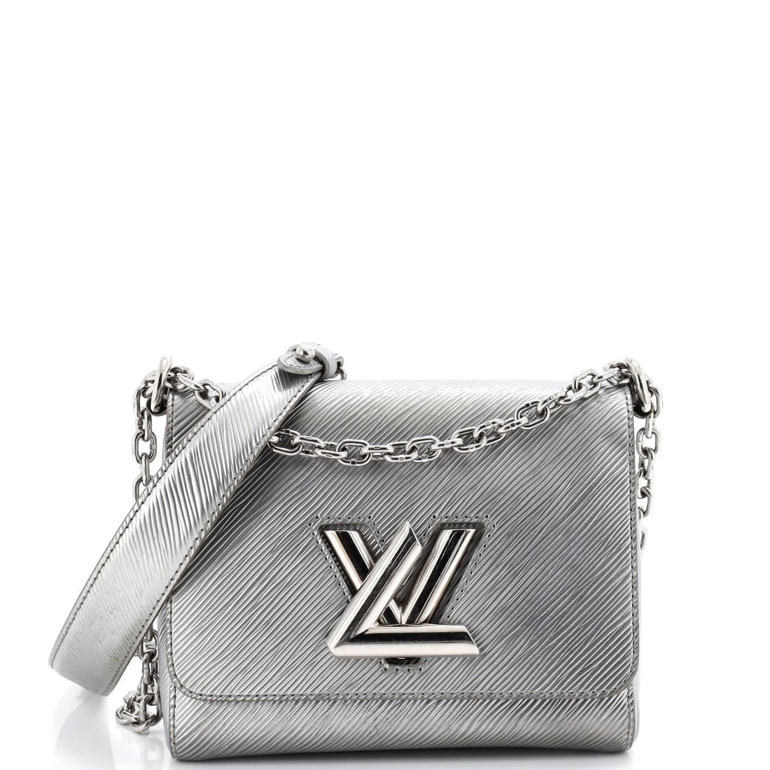 Twist Epi Handbag Leather Louis Vuitton: Twist Epi Handbag Leather Louis Vuitton Twist Epi Handbag Leather Louis Vuitton features a metallic exterior with corner wear, creases, and scuffs. The bag's leather exterior also shows discoloration 