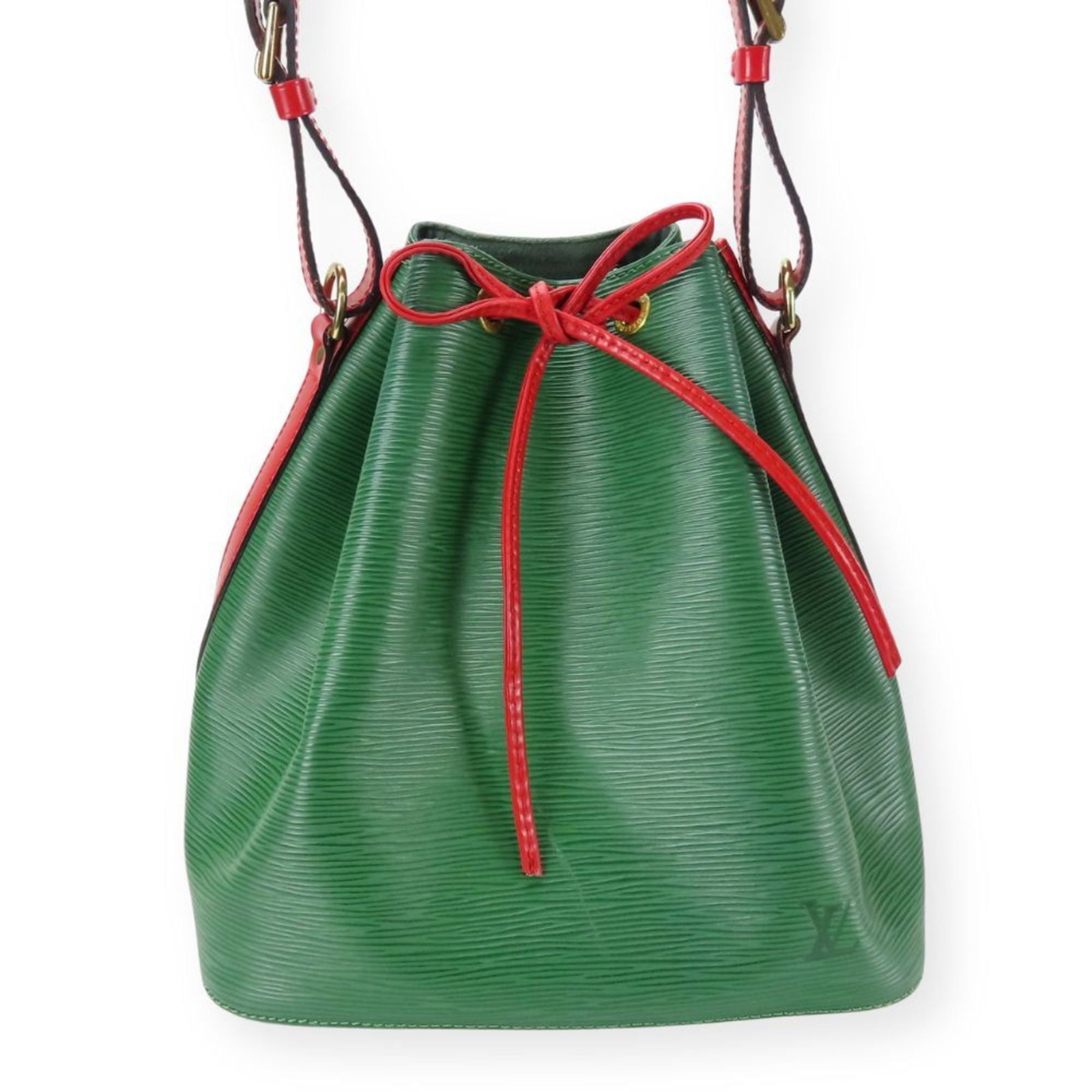 Vuitton Shoulder Bag Epi Leather by Louis: Vuitton Shoulder Bag Epi Leather by Louis The Louis Vuitton Epi Leather shoulder bag boasts a striking green and red color combination, perfectly balanced by its sleek design. Made from high-quality E