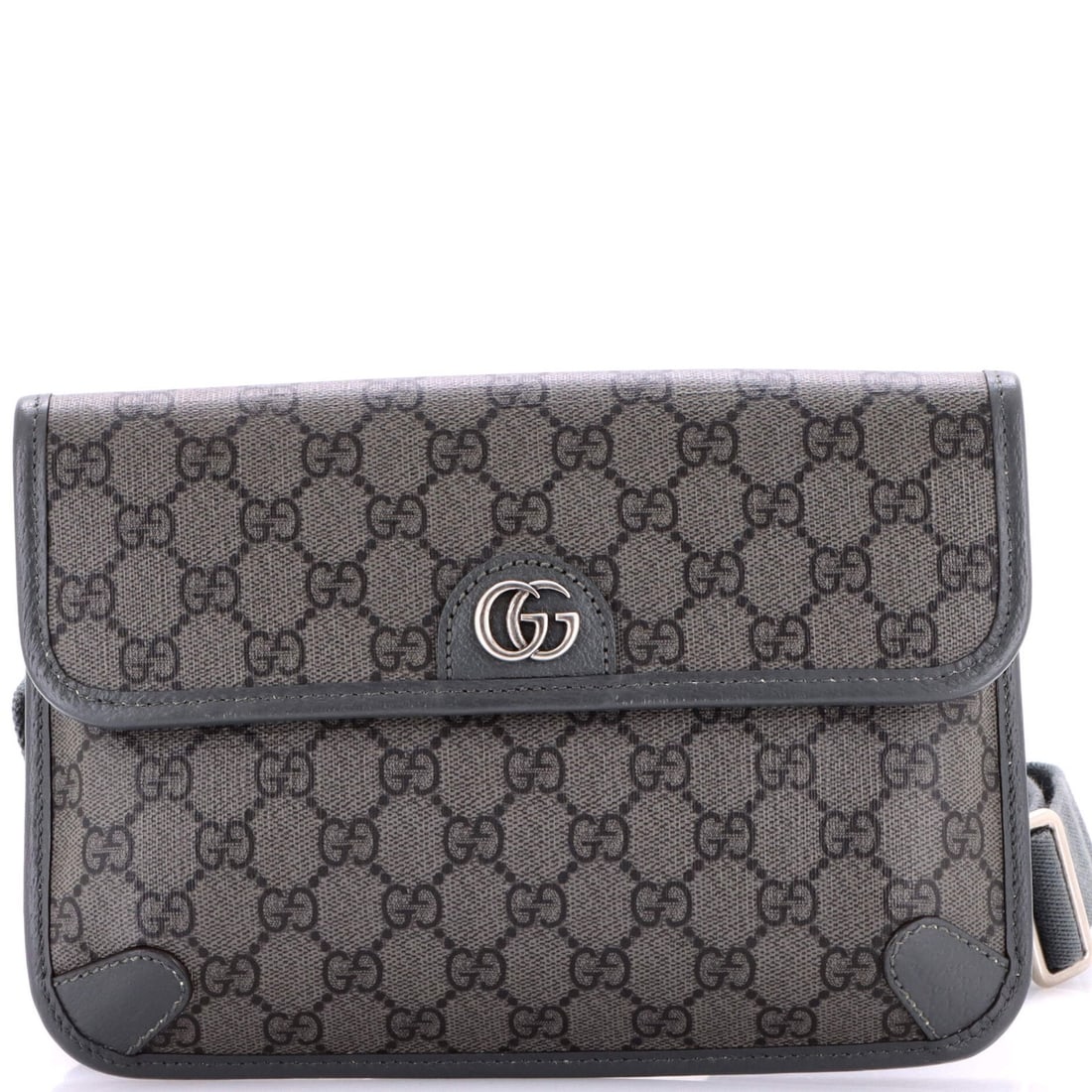 Gucci Ophidia Flap Belt Bag GG Coated Canvas with Leather: Gucci Ophidia Flap Belt Bag GG Coated Canvas with Leather The Gucci Ophidia Flap Belt Bag GG Coated Canvas with Leather boasts a sleek, gray exterior and neutral interior, featuring aged silver