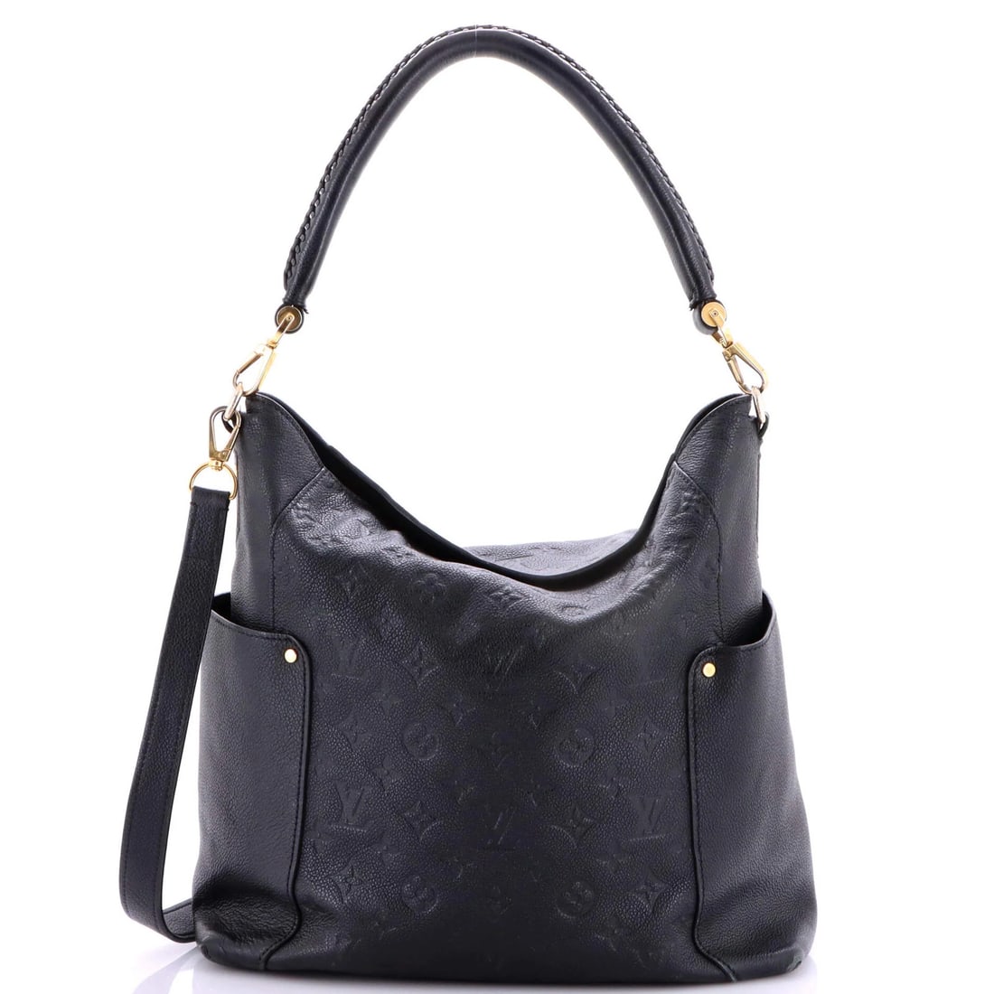 Hobo Leather Louis Vuitton Empreinte Bagatelle Monogram: Hobo Leather Louis Vuitton Empreinte Bagatelle Monogram Black Louis Vuitton Empreinte Bagatelle Monogram Hobo Leather Bag with Extra Strap, featuring heavy corner wear and scuffs on the exterior. This