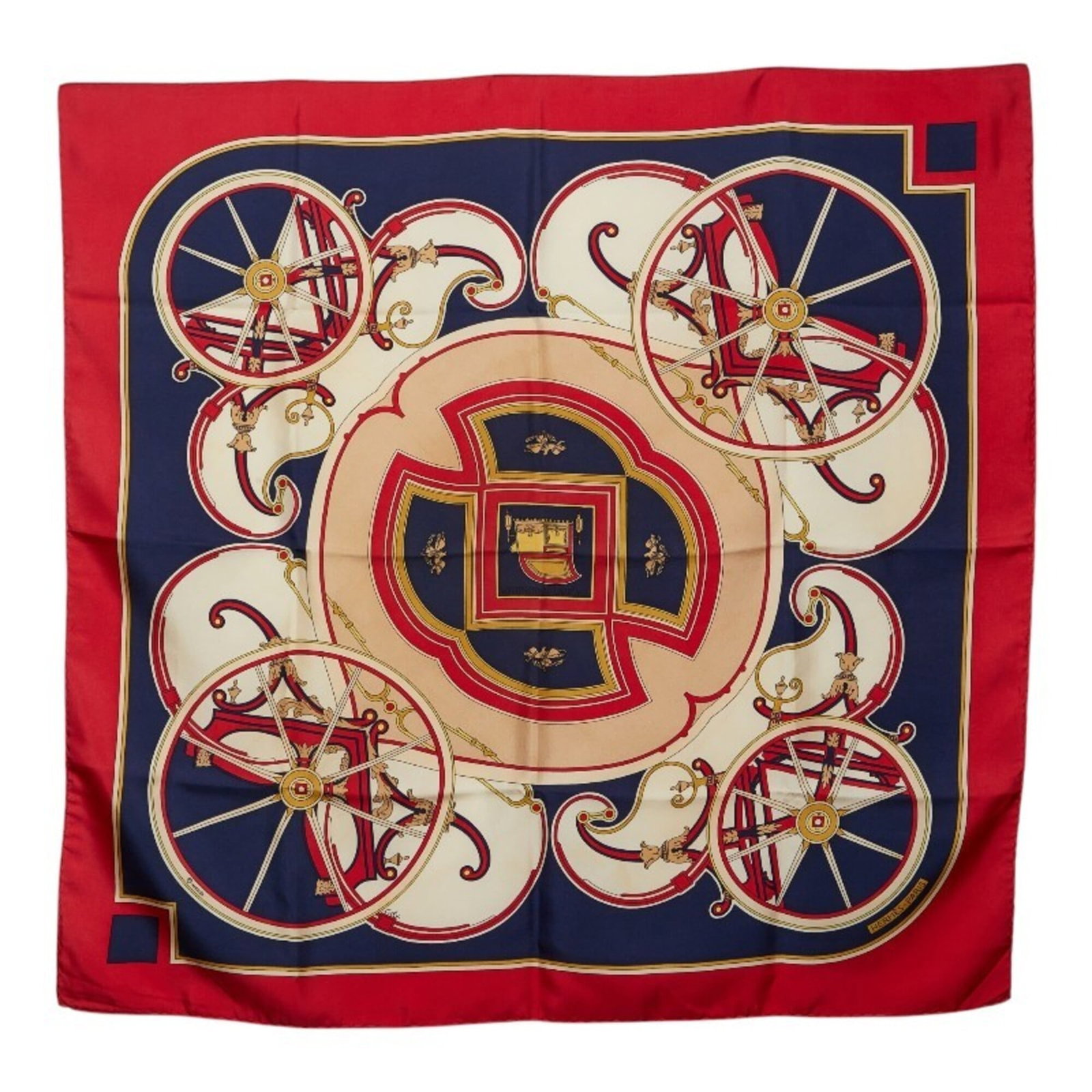 Hermes Scarf: Hermes Scarf Authentic Herm?s scarf with multi-color and red hues, measuring 84cm x 87cm. This used scarf shows signs of previous use, including minor scratches and dirt, but remains in good condition