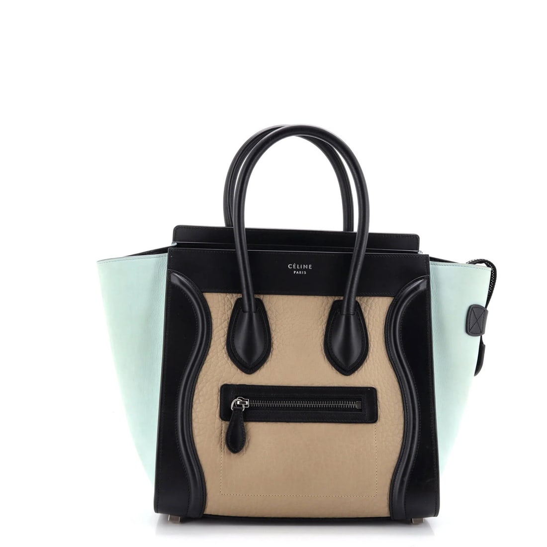 Celine Tricolor Luggage Bag Leather Micro: Celine Tricolor Luggage Bag Leather Micro The Celine Tricolor Luggage Bag Leather Micro in green is a stylish and versatile tote with a unique tricolor design. Its leather exterior features minor