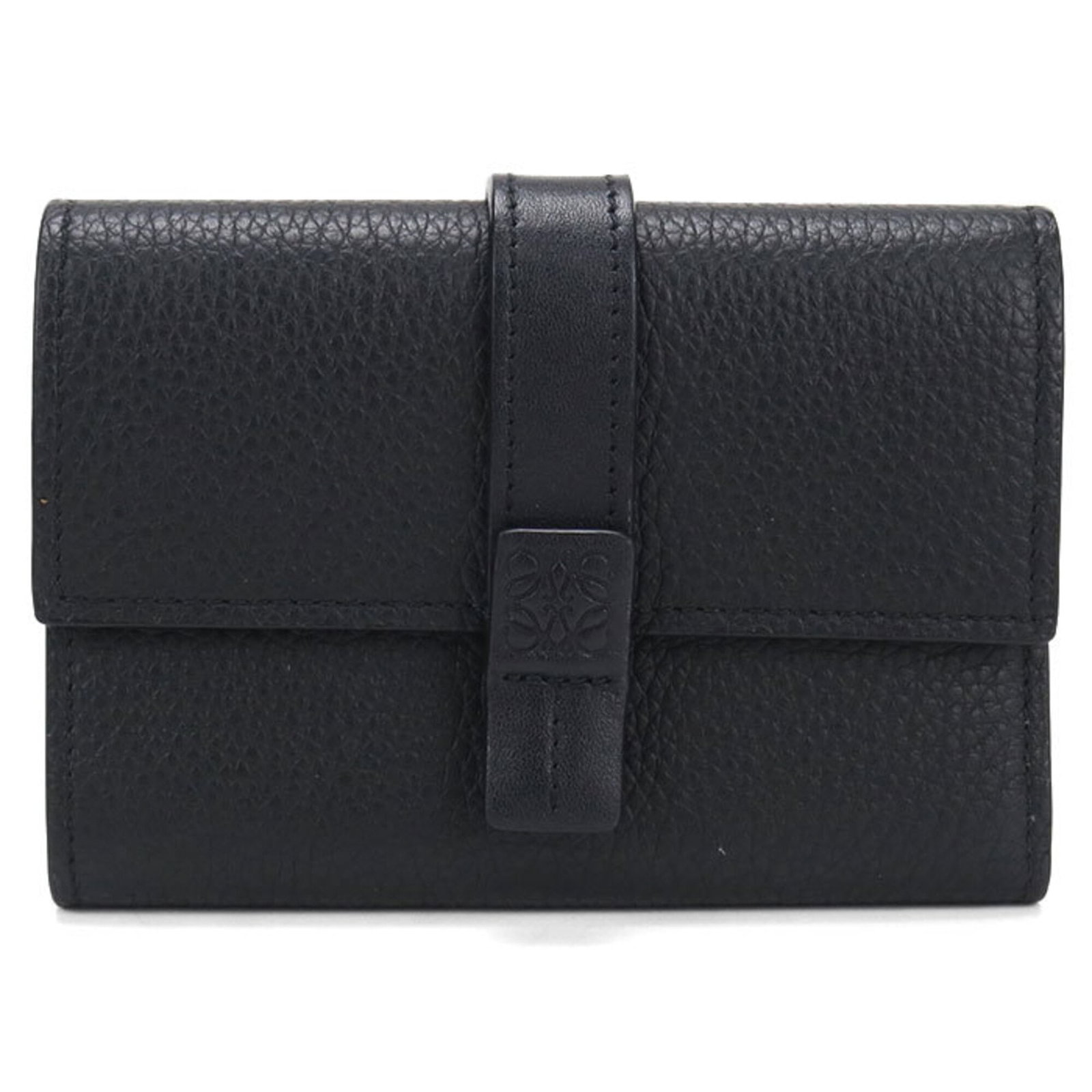 Loewe Wallet (Tri-Fold) Leather: Loewe Wallet (Tri-Fold) Leather Tri-fold leather wallet from Loewe, featuring classic design with a timeless black calfskin finish. The wallet has some minor signs of usage, including scratches and