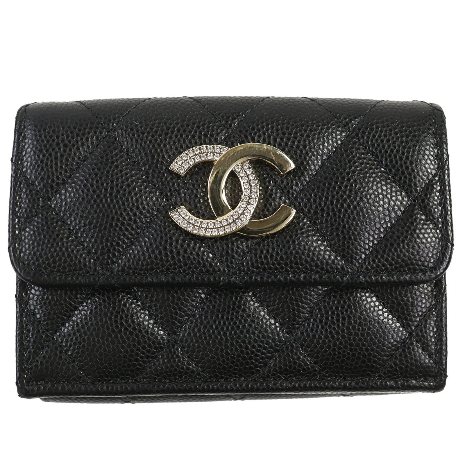 Calfskin Tri Fold Wallet Grained: Calfskin Tri Fold Wallet Grained Black Grained Calfskin Tri Fold Wallet with slight traces of usage and minor scratches, offering a classic design in excellent condition. Made from high-quality