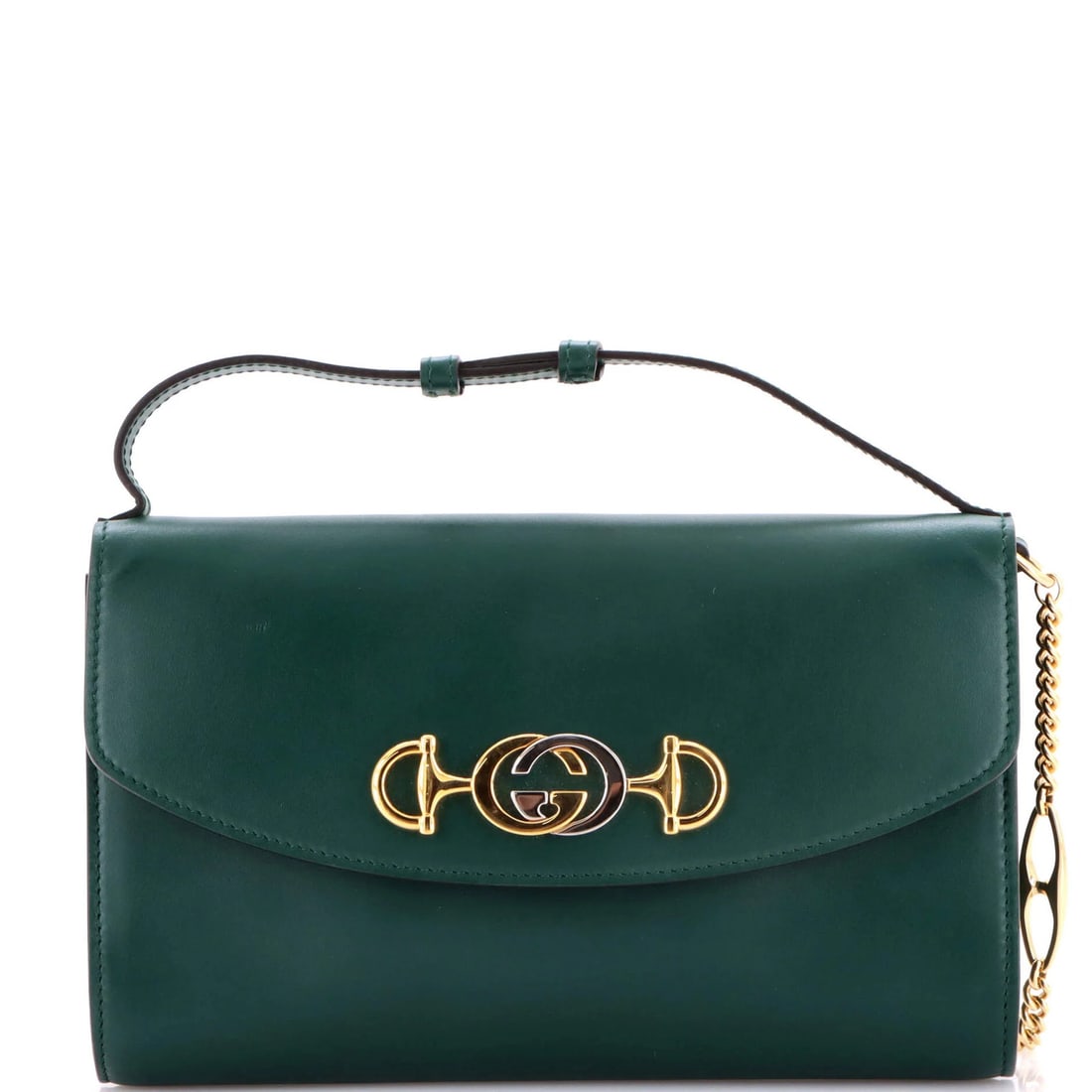 Small leather shoulder bag by Gucci: Small leather shoulder bag by Gucci Small leather shoulder bag by Gucci, featuring exterior green leather with red interior and gold hardware. The bag shows signs of wear, including scuffs, edge wear,