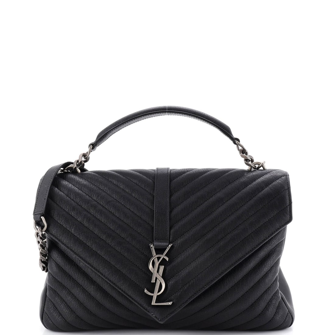 Large classic monogram college bag leather chevron matelasse saint laurent: Large classic monogram college bag leather chevron matelasse saint laurent Black leather chevron matelasse Saint Laurent classic monogram college bag with aged silver hardware, featuring scuffs and