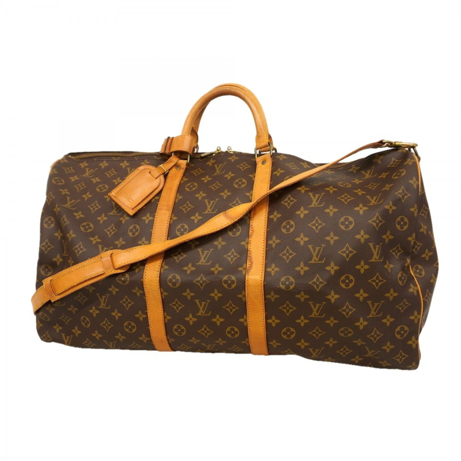 Boston Bag by Louis Vuitton: Boston Bag by Louis Vuitton Brown Boston Bag by Louis Vuitton, measuring 34cm x 60cm x 27cm, features a classic design with traces of usage visible. The bag has scratches and dirt but remains in good