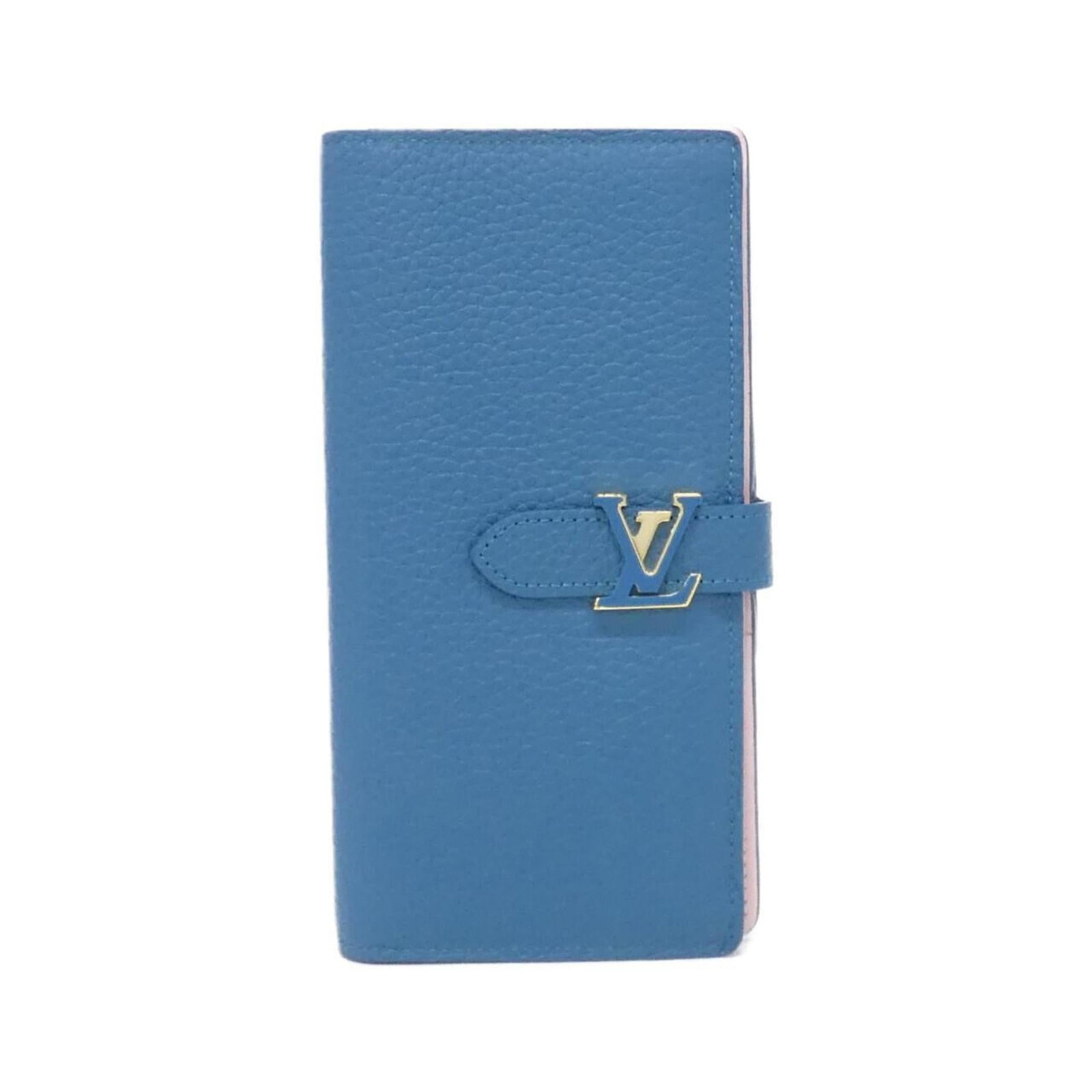 Long Wallet Leather Bi Fold Louis Vuitton: Long Wallet Leather Bi Fold Louis Vuitton Long Wallet Leather Bi Fold Louis Vuitton features a classic design with a blue calfskin material, measuring 19cm x 10cm x 2cm. The item has some scratches