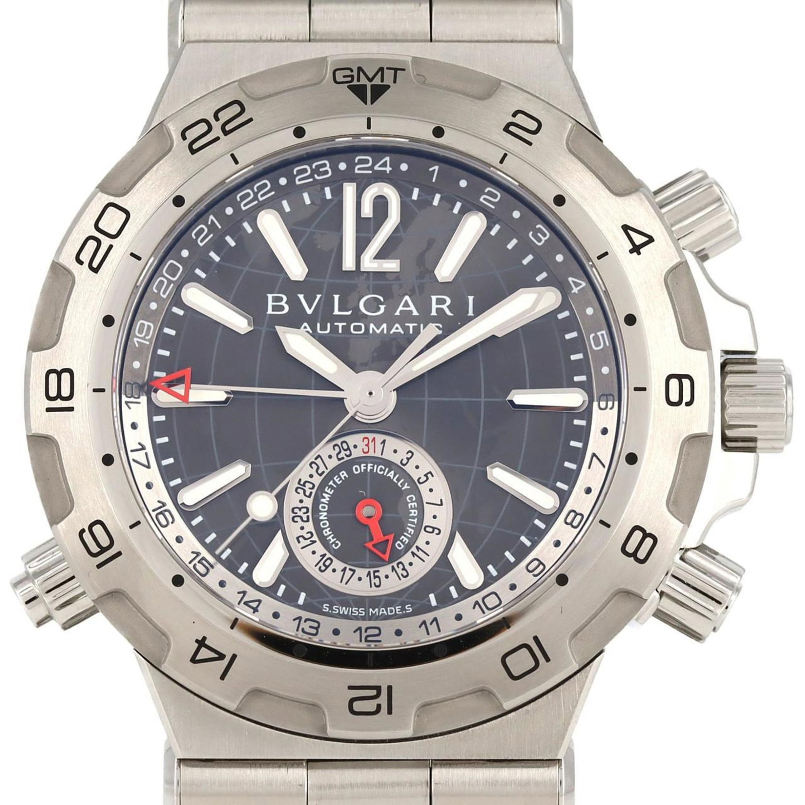 Bvlgari Wristwatch: Bvlgari Wristwatch Stainless steel case and band add a touch of sophistication to this Bvlgari wristwatch, measuring 42mm in diameter. A few traces of usage are visible on the gray dial, giving it a w