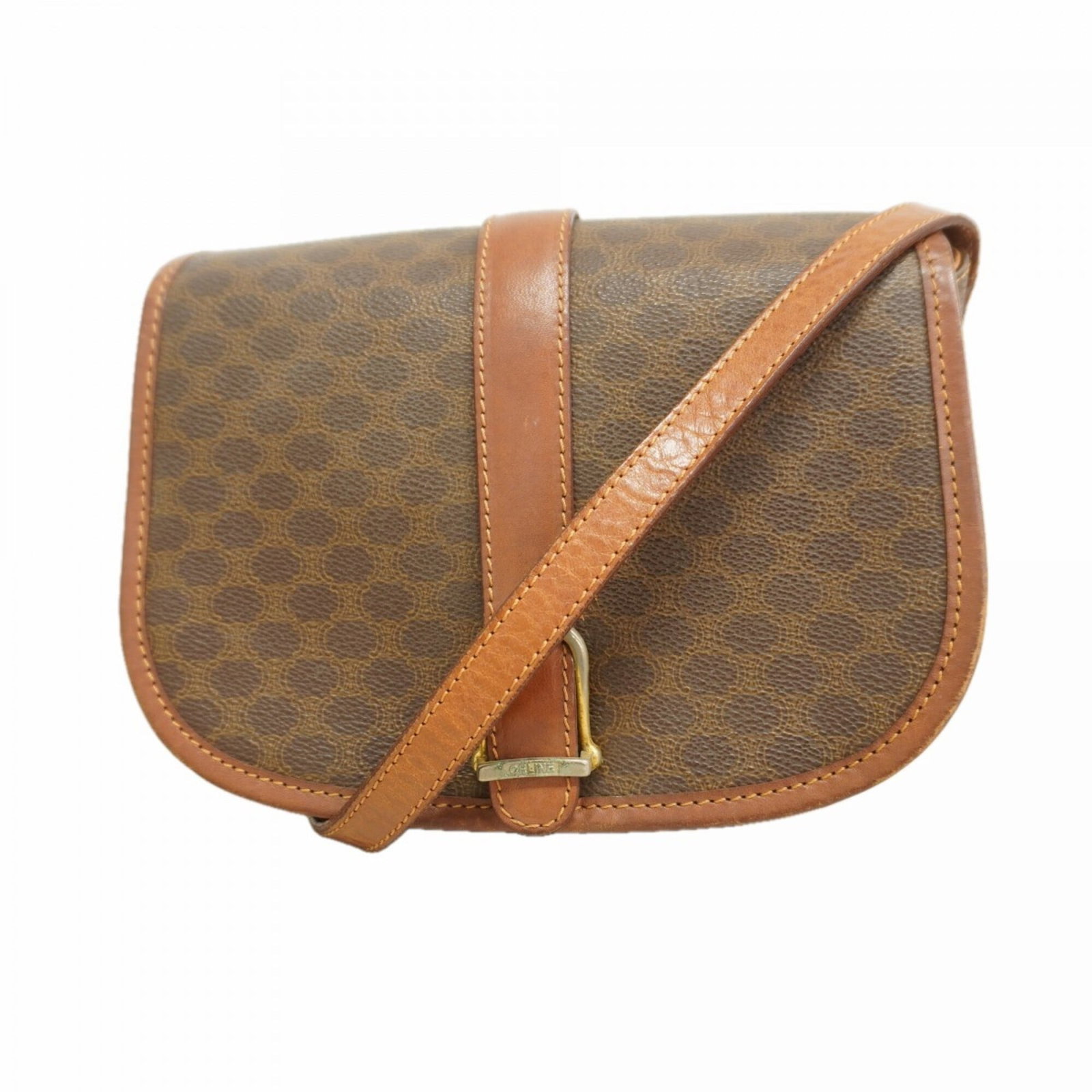 PVC Celine Bag Shoulder: PVC Celine Bag Shoulder PVC Celine Bag Shoulder in Brown with Gold Hardware. This used shoulder bag features a durable PVC material and gold hardware, showcasing a classic design. With its brown color