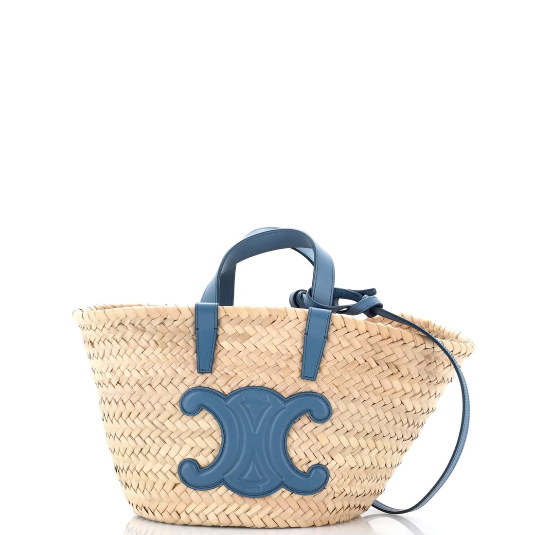 Teen Raffia Leather and Basket Tote Panier Classic: Teen Raffia Leather and Basket Tote Panier Classic Blue Raffia Leather Classic Panier Basket Tote for Teens, featuring a timeless design with minor scuffs on the exterior and interior. The tote's