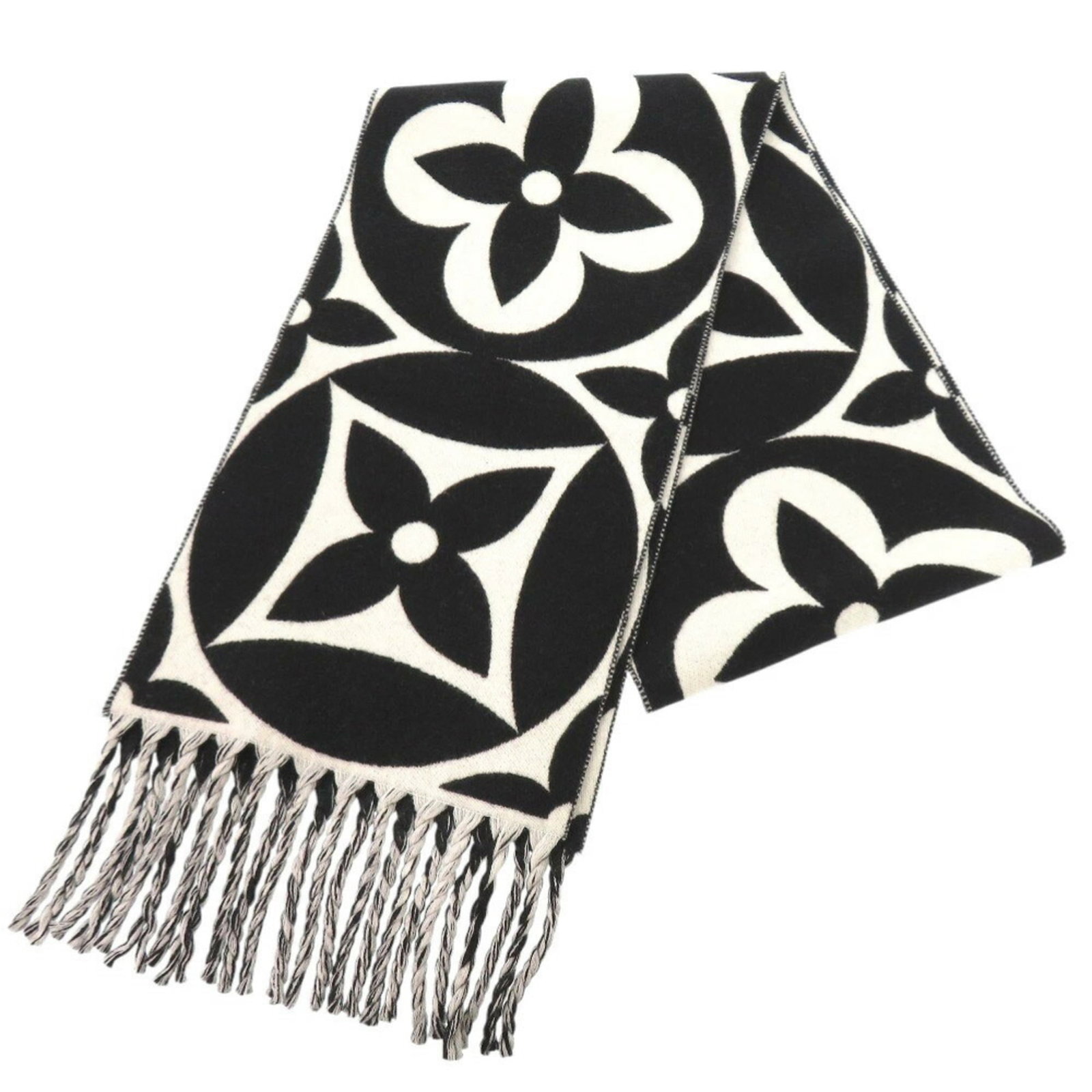 Wool Shawl Louis Vuitton: Wool Shawl Louis Vuitton Black and white wool shawl with a subtle sheen, bearing the iconic Louis Vuitton monogram pattern. The shawl has some minor scratches and dirt, but remains in very good