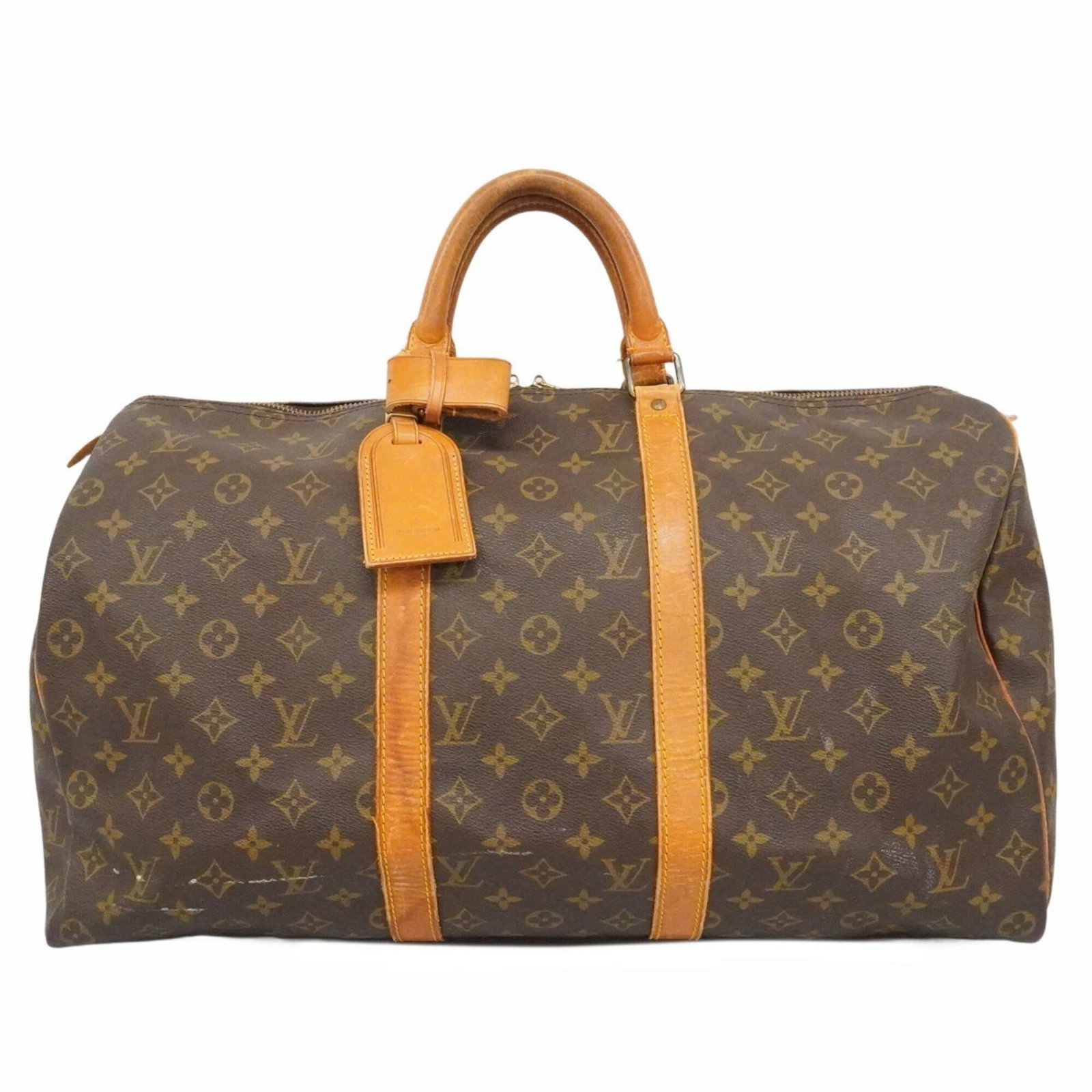 Boston Bag by Louis Vuitton: Boston Bag by Louis Vuitton Brown Boston Bag by Louis Vuitton, measuring 29cm x 50cm x 22cm, features a classic design with traces of usage and minor scratches. The bag's condition shows signs of