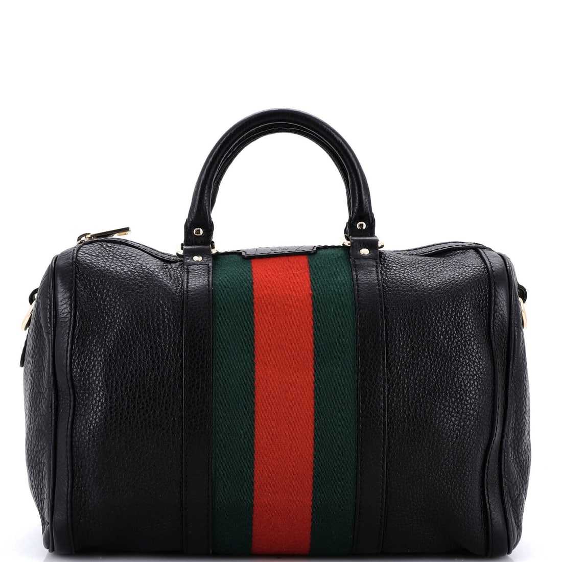 Boston Leather Bag Medium Gucci Vintage: Boston Leather Bag Medium Gucci Vintage Black leather medium Gucci Vintage Boston Bag with gold hardware, featuring scuffs and creases on the exterior, handles/straps showing similar wear, and a neutr