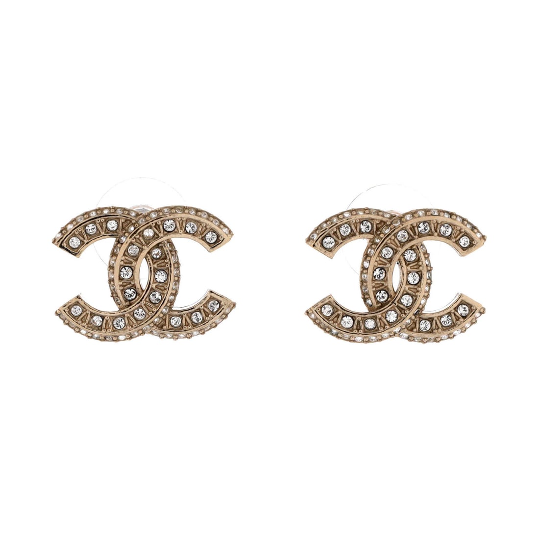 Metal with Crystals Stud CC Chanel Earrings: Metal with Crystals Stud CC Chanel Earrings Stunning gold stud earrings featuring metal with crystals, bearing the iconic CC Chanel logo. The intricate design showcases crystal exterior with silver
