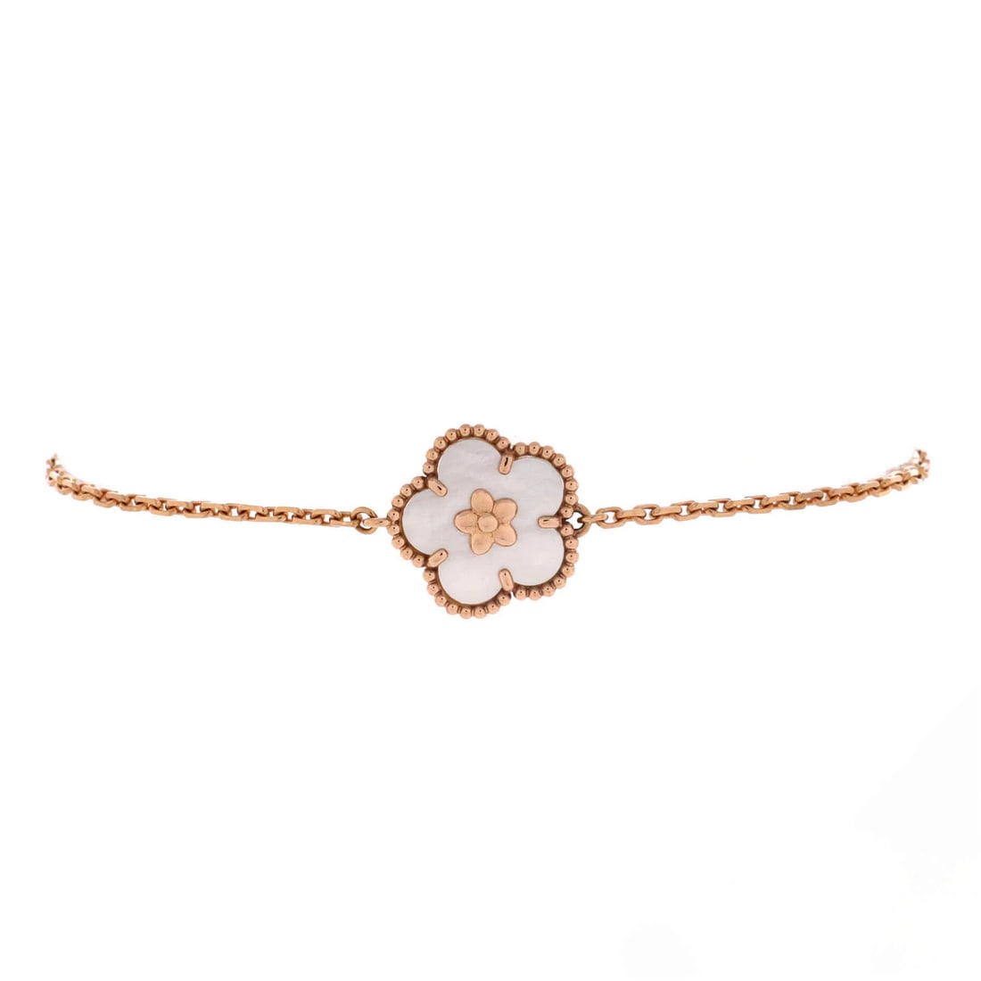 Lucky Spring Plum Blossom 18K Rose Gold Mother Bracelet Van Cleef & Arpels: Lucky Spring Plum Blossom 18K Rose Gold Mother Bracelet Van Cleef & Arpels 18K rose gold and mother of pearl come together in the Lucky Spring Plum Blossom bracelet, a stunning design from Van Cleef